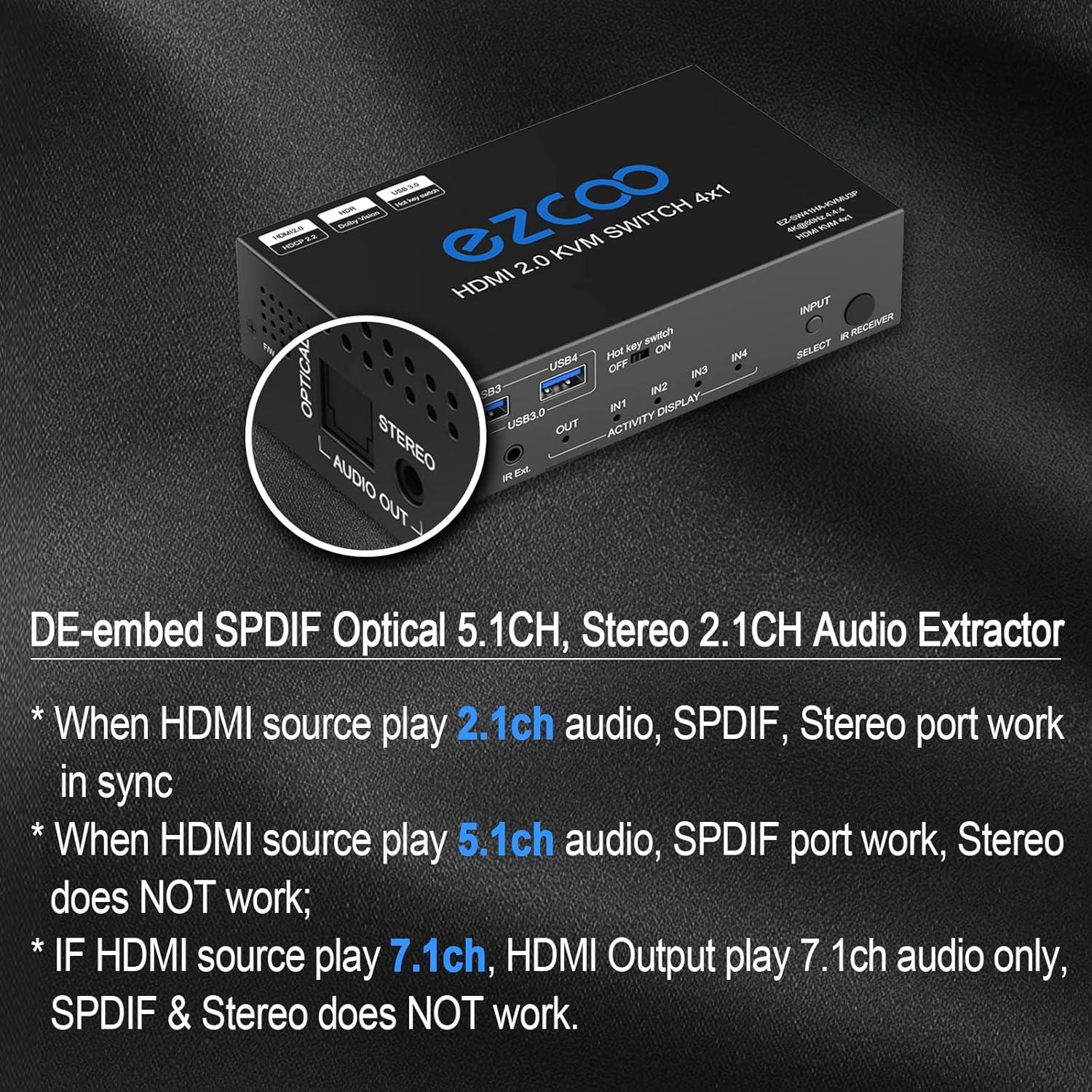 Interruptor KVM HDMI 4x1 EZCOOTECH 4 Puertos USB 3.0 4K 60Hz