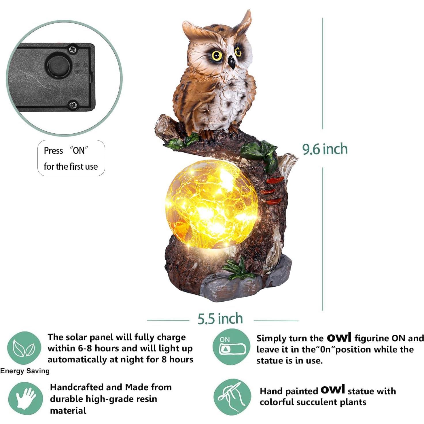 Estatua de Jardín Solar Búho con Linterna de Cristal 24.6cm