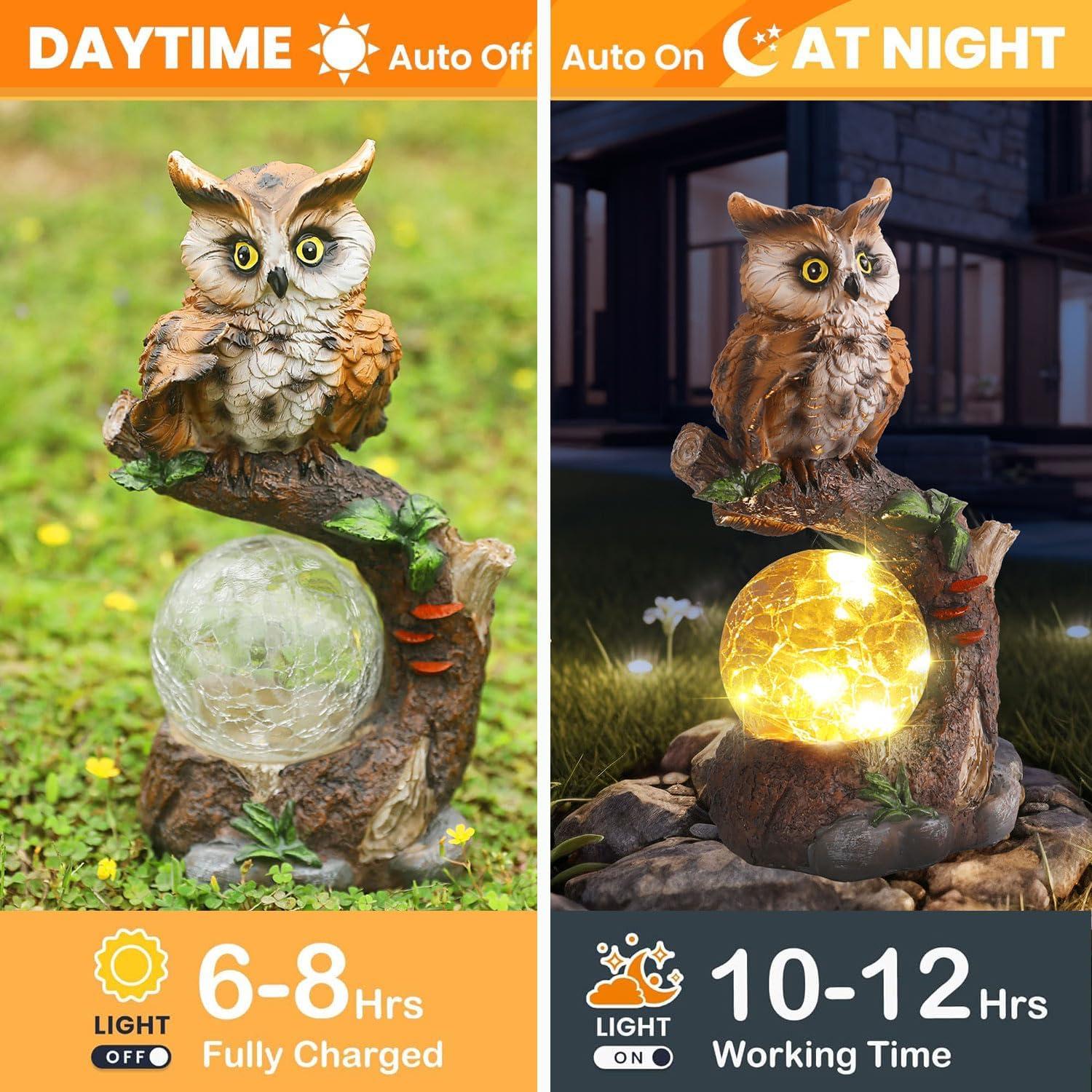 Estatua de Jardín Solar Búho con Linterna de Cristal 24.6cm