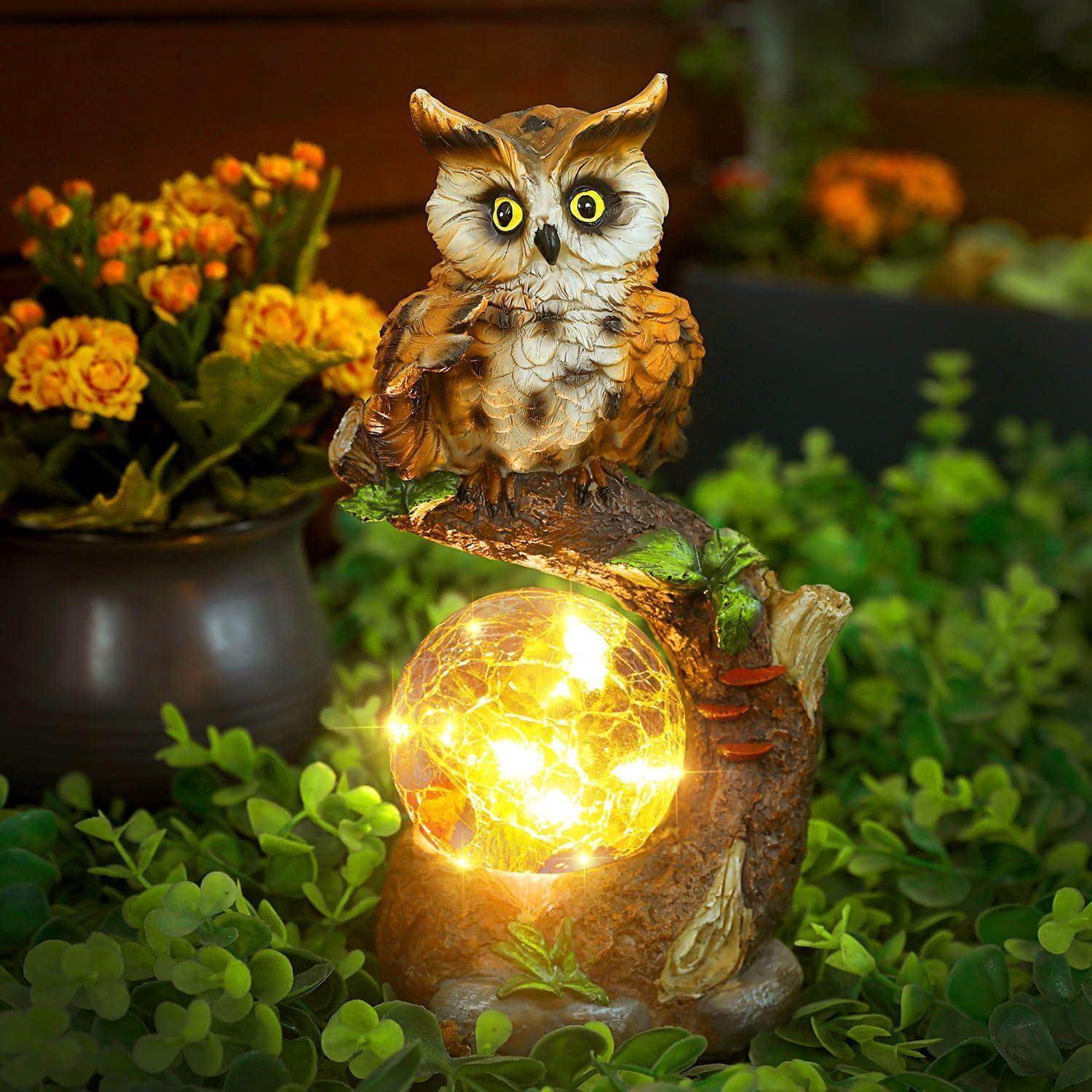 Estatua de Jardín Solar Búho con Linterna de Cristal 24.6cm