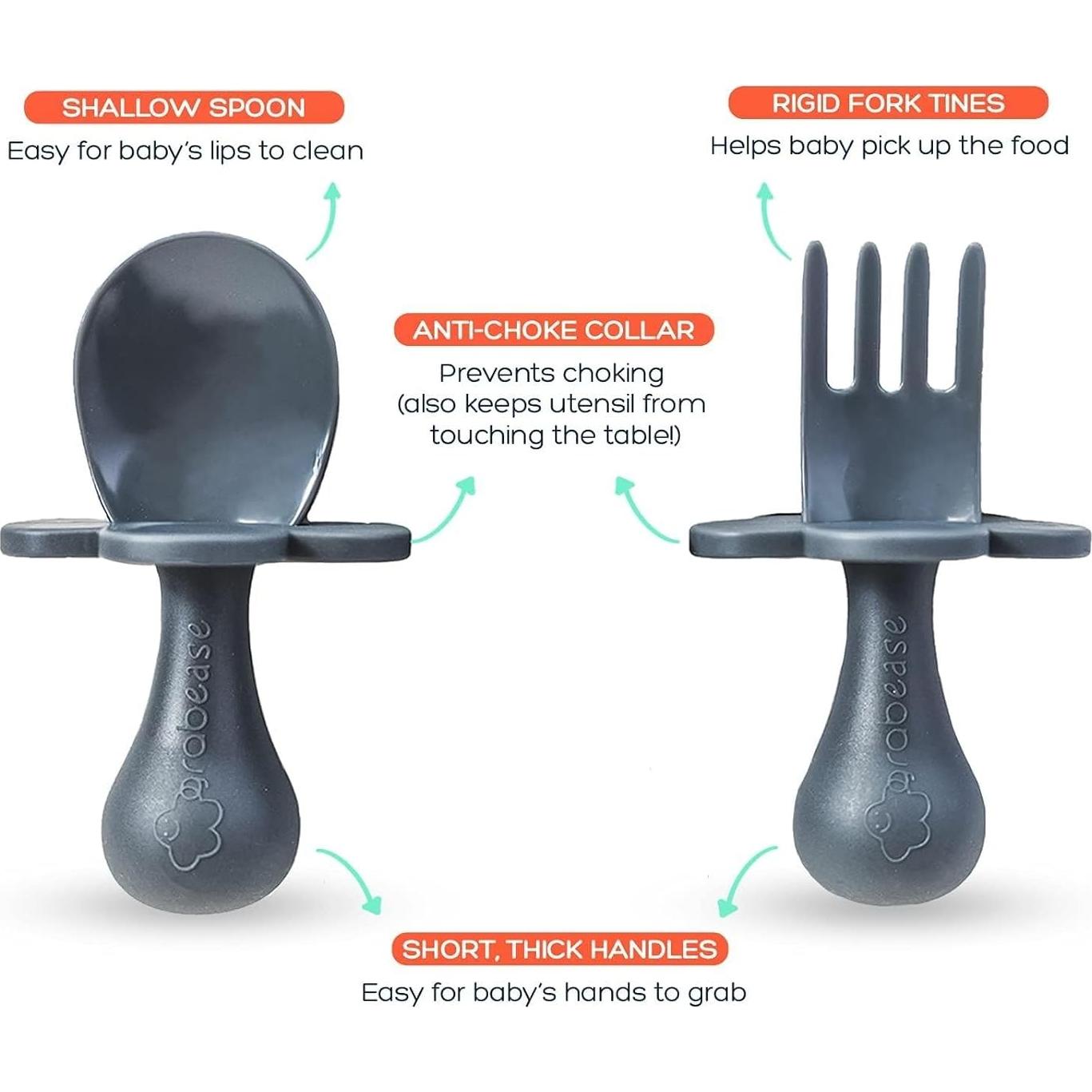 Juego de Cubiertos Grabease para Bebés - Cuchara y Tenedor Gris