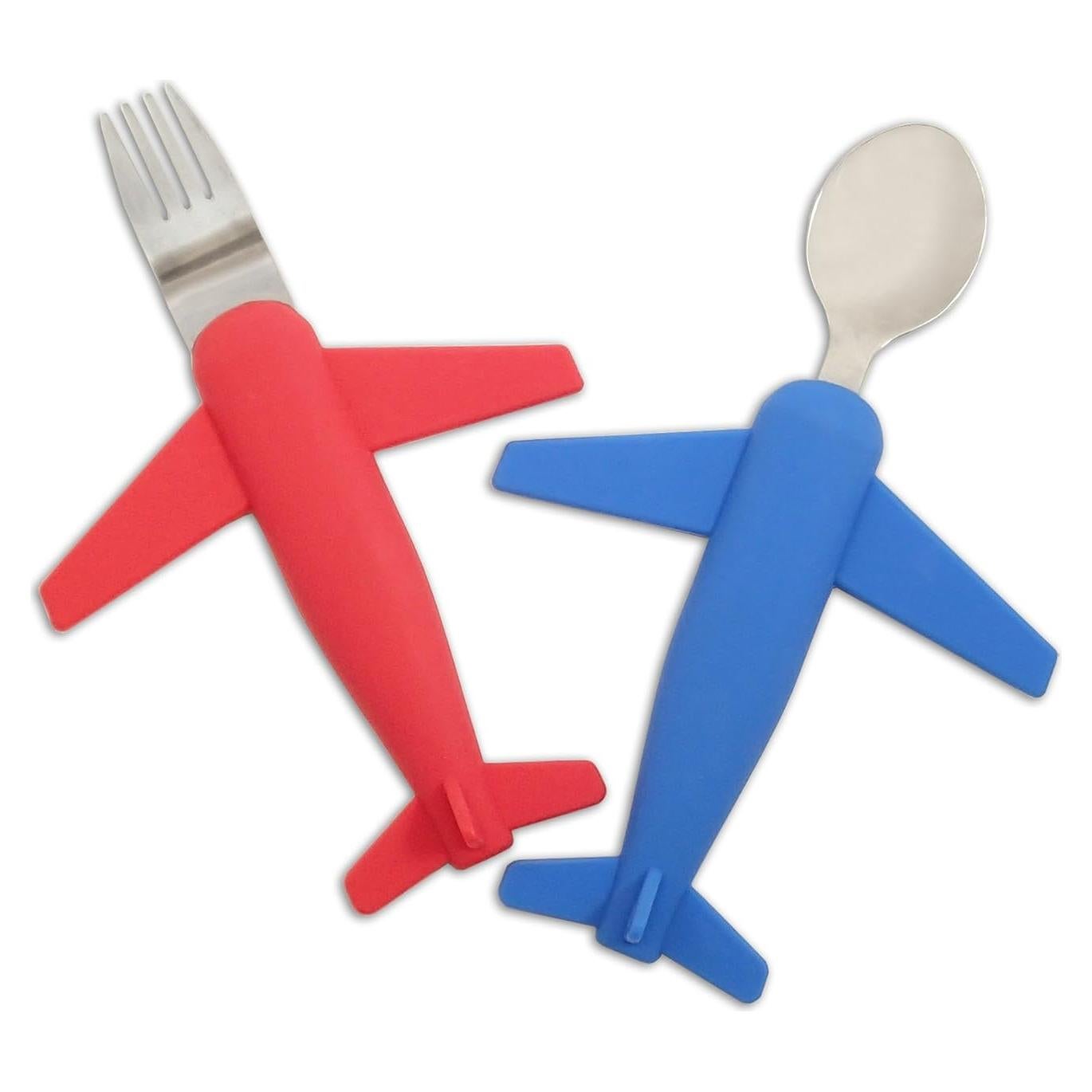 Juego de Tenedor y Cuchara de Avión para Niños - Acero Inoxidable y Silicona