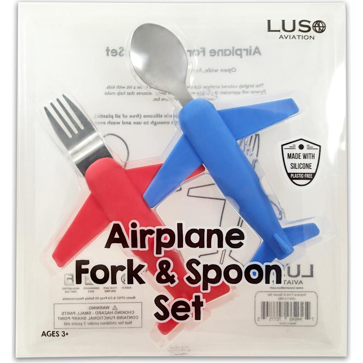 Juego de Tenedor y Cuchara de Avión para Niños - Acero Inoxidable y Silicona