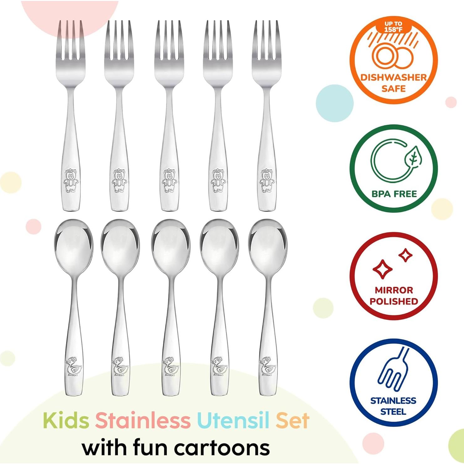 Juego de Cubiertos de Acero Inoxidable Plaskidy para Niños 10 Piezas