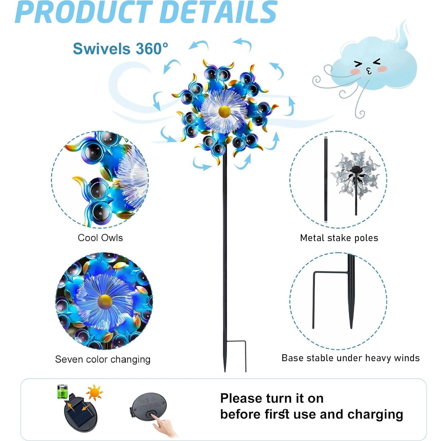 Molino de Viento Solar GIBMIDSER con Luz LED 130 cm Búhos