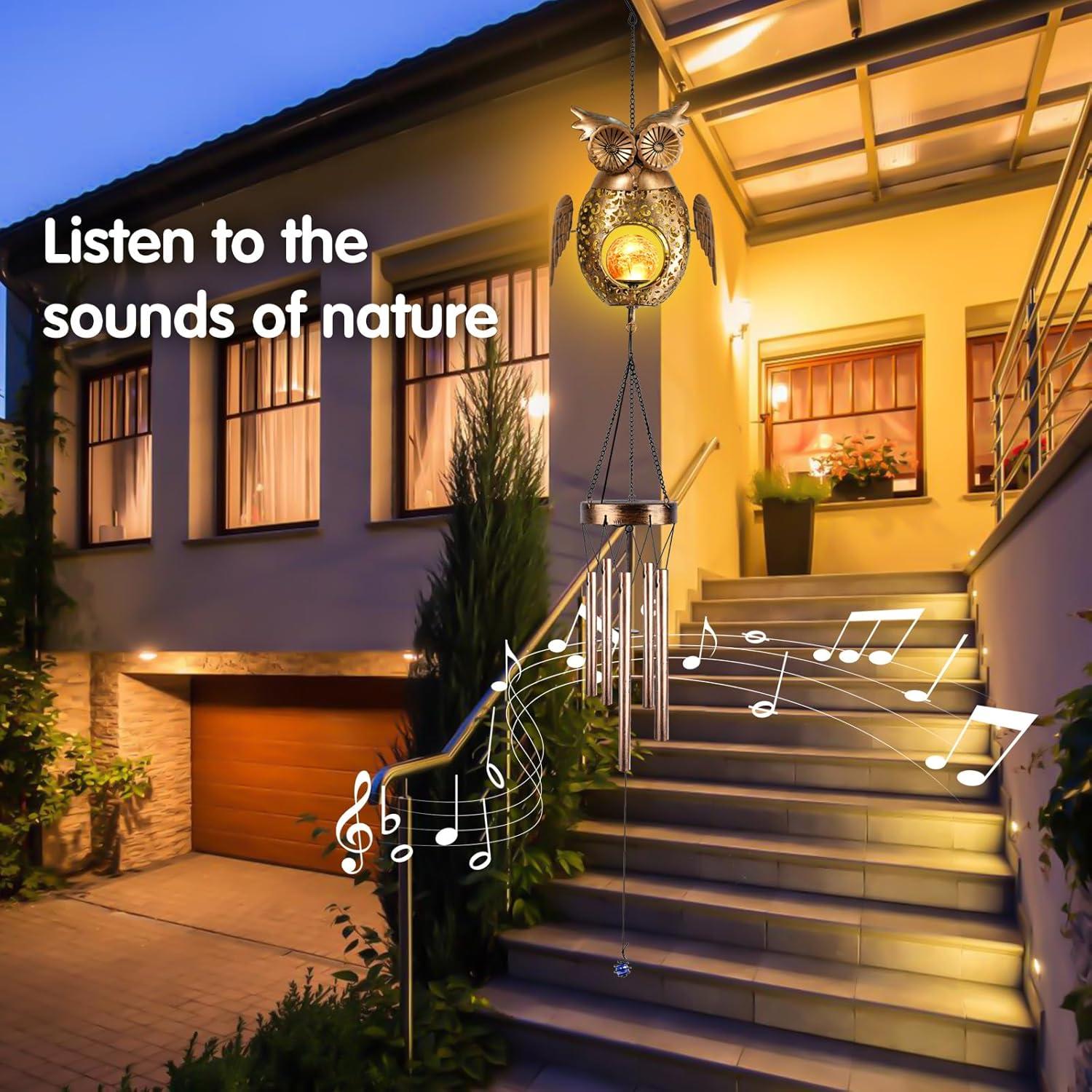 Campanas de Viento Solar KelvinLux Búho para Jardín 107cm