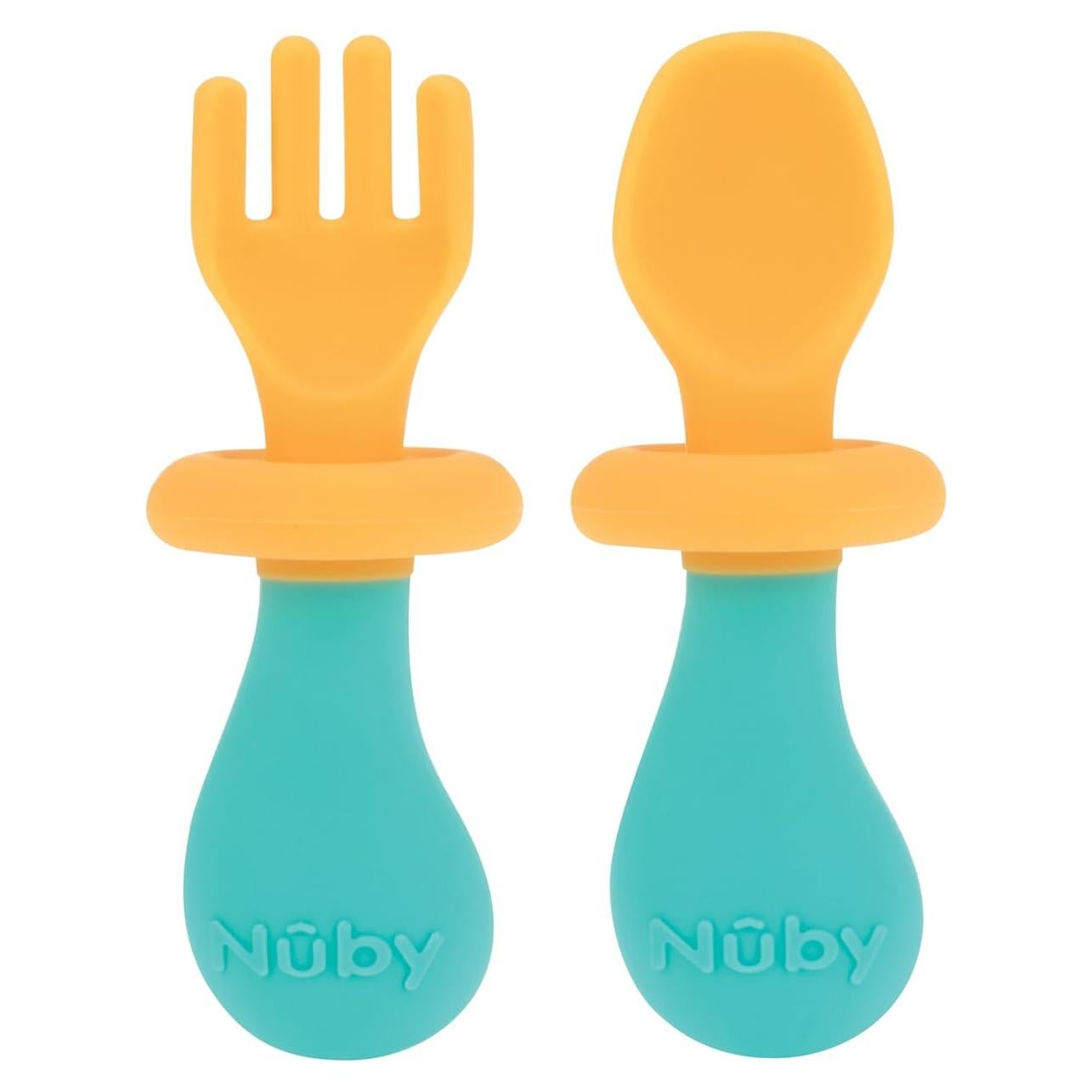 Juego de Cuchara y Tenedor Nuby de Silicona 6+ Meses - Naranja/Aqua