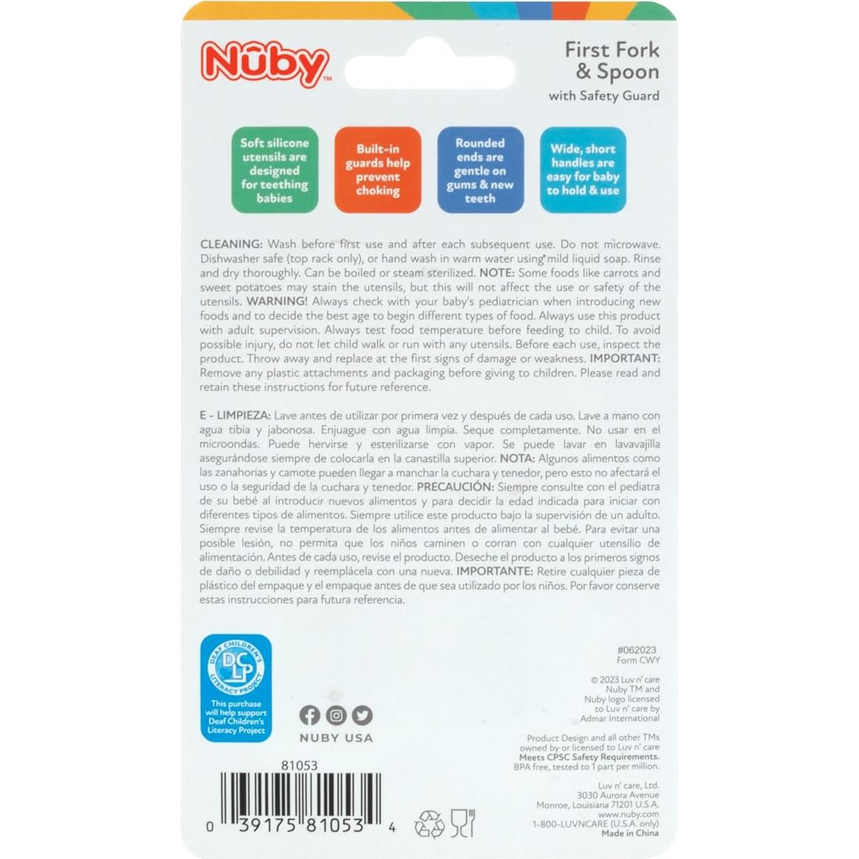 Juego de Cuchara y Tenedor Nuby de Silicona 6+ Meses - Naranja/Aqua
