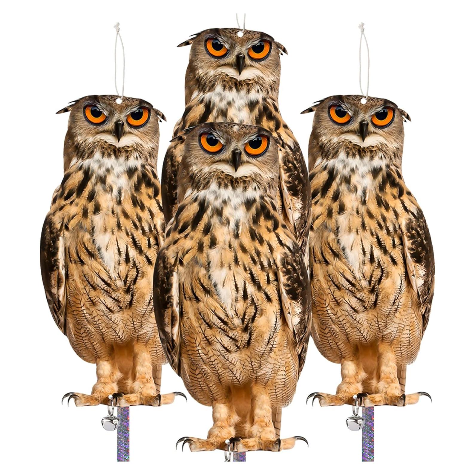 Ahuyentador de Aves Kungfu Mall - 4 Búhos Colgantes con Cinta Reflectante