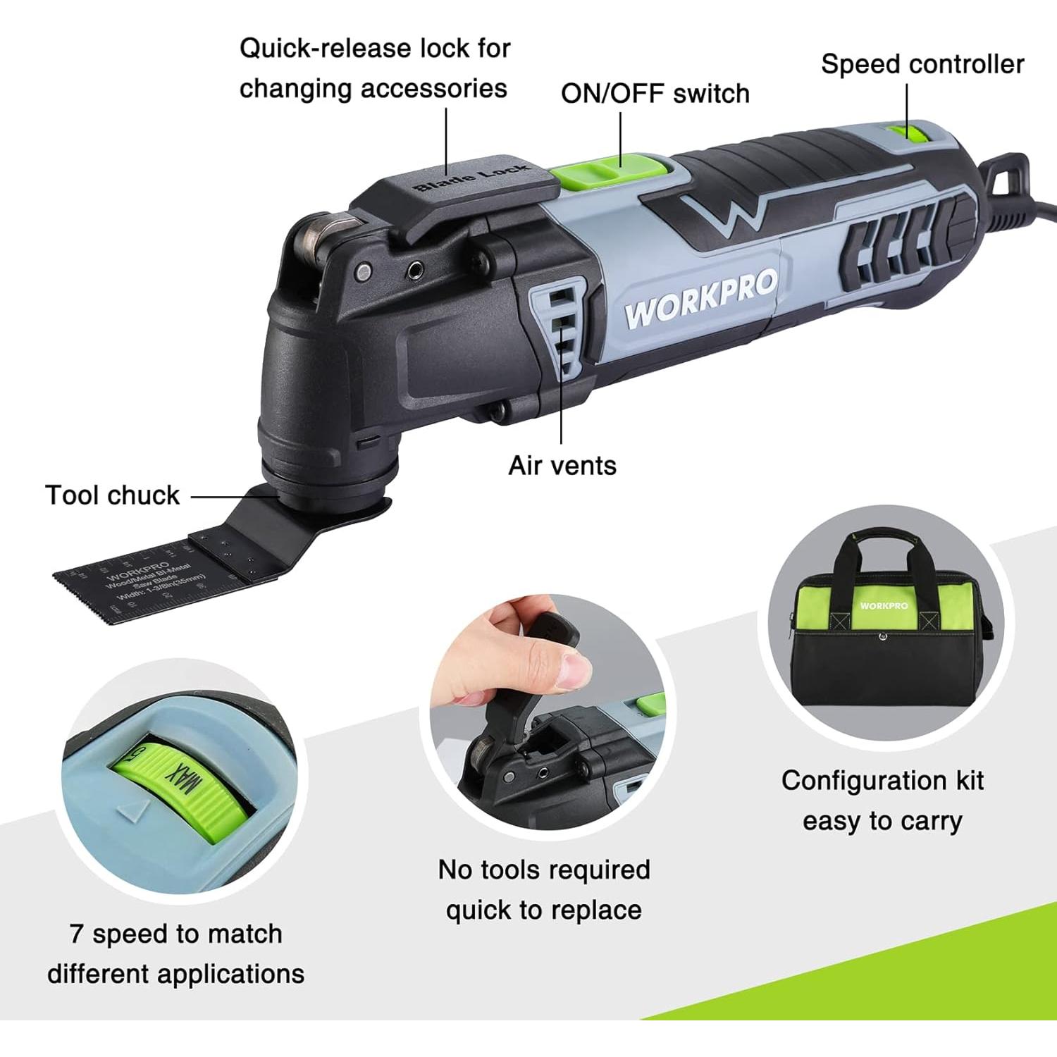 Kit Herramienta Oscilante WORKPRO 3.0A 7 Velocidades 17 Acc.