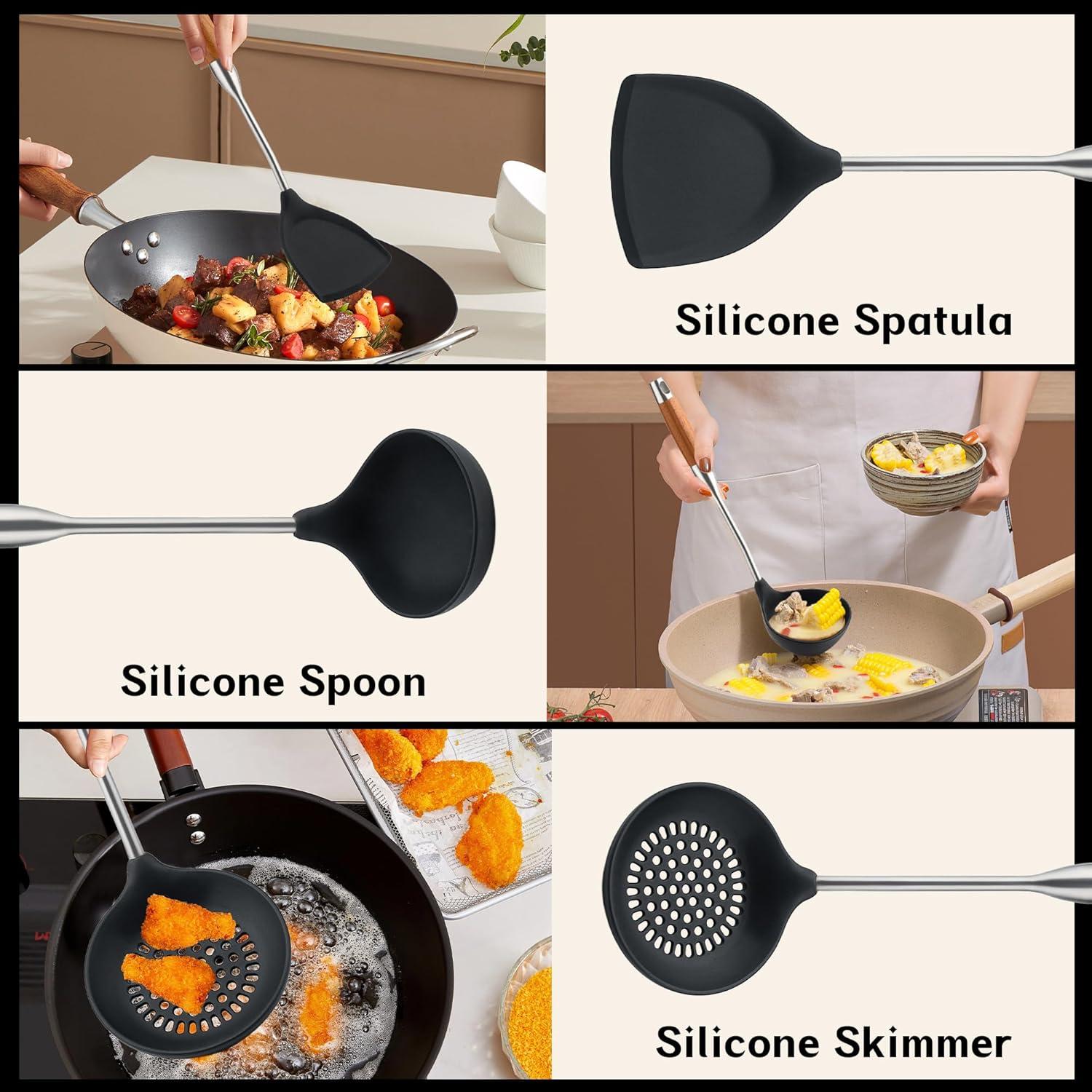 Set de Utensilios de Cocina FJNATINH - 3 Piezas Silicona y Acero Inoxidable