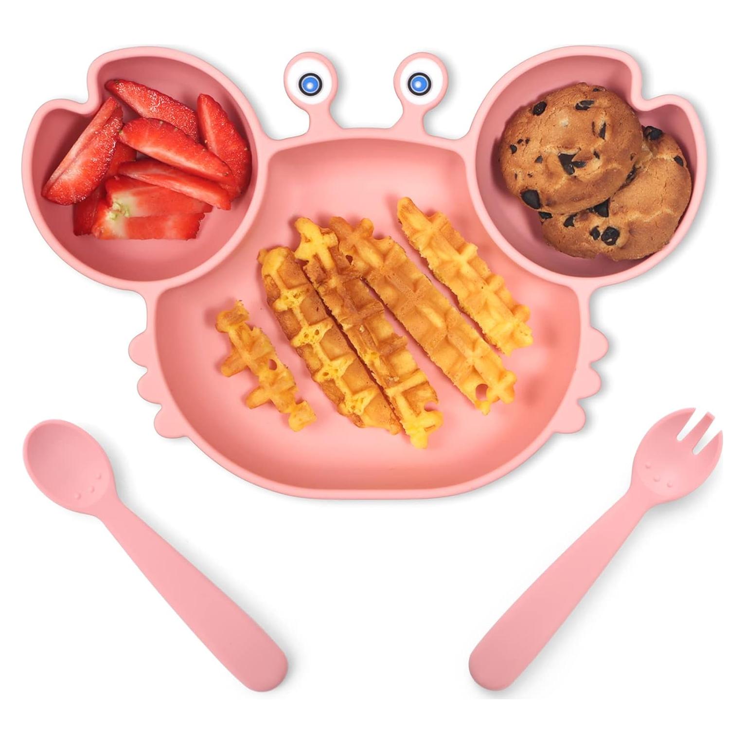 Placas de Succión ROCCED para Bebés + Cuchara y Tenedor Rosa