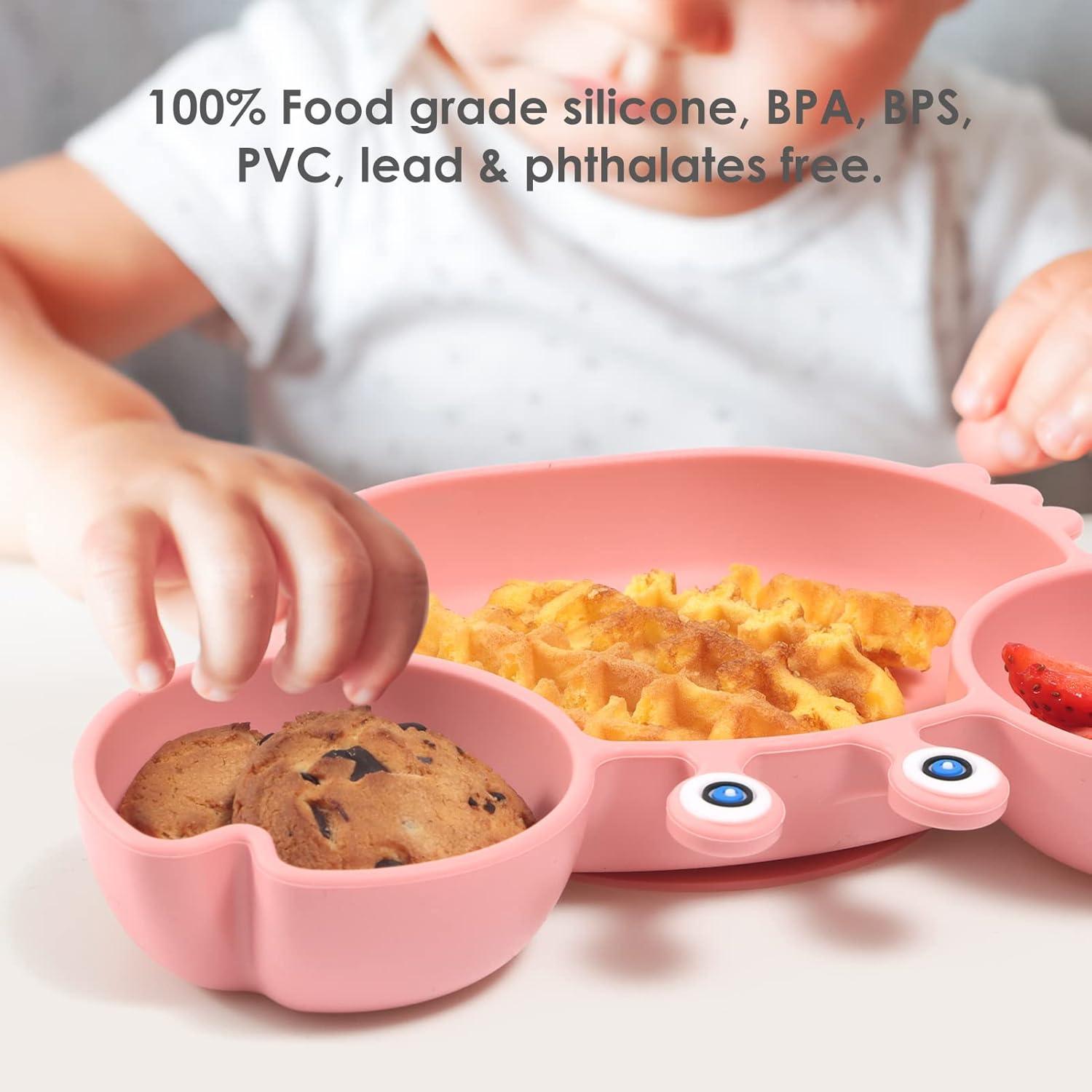 Placas de Succión ROCCED para Bebés + Cuchara y Tenedor Rosa