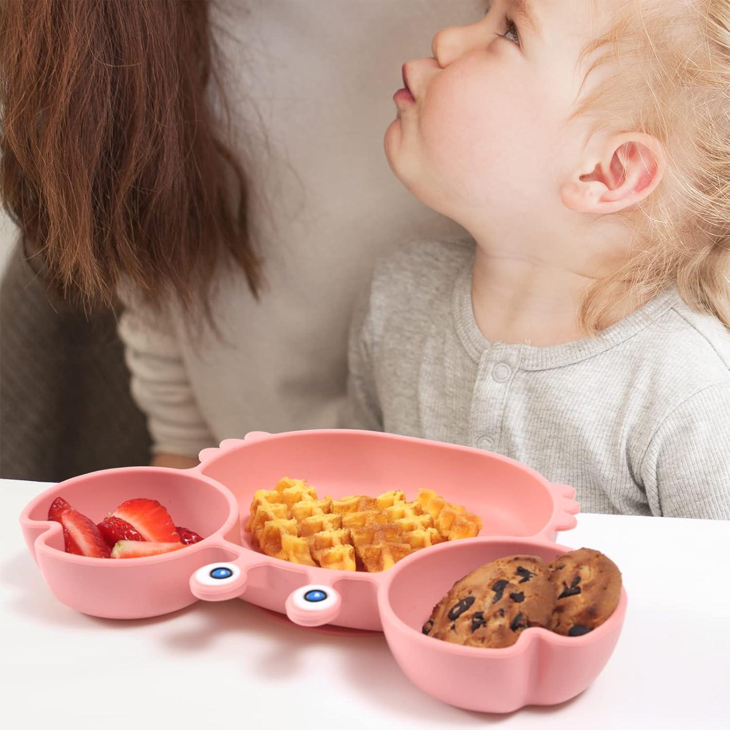 Placas de Succión ROCCED para Bebés + Cuchara y Tenedor Rosa