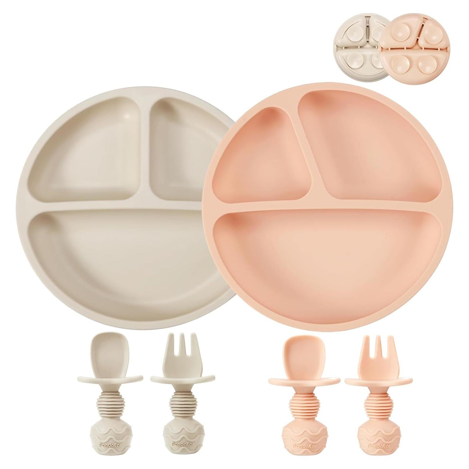 Set de Alimentación para Bebés PandaEar - 2 Platos Silicona Rosa