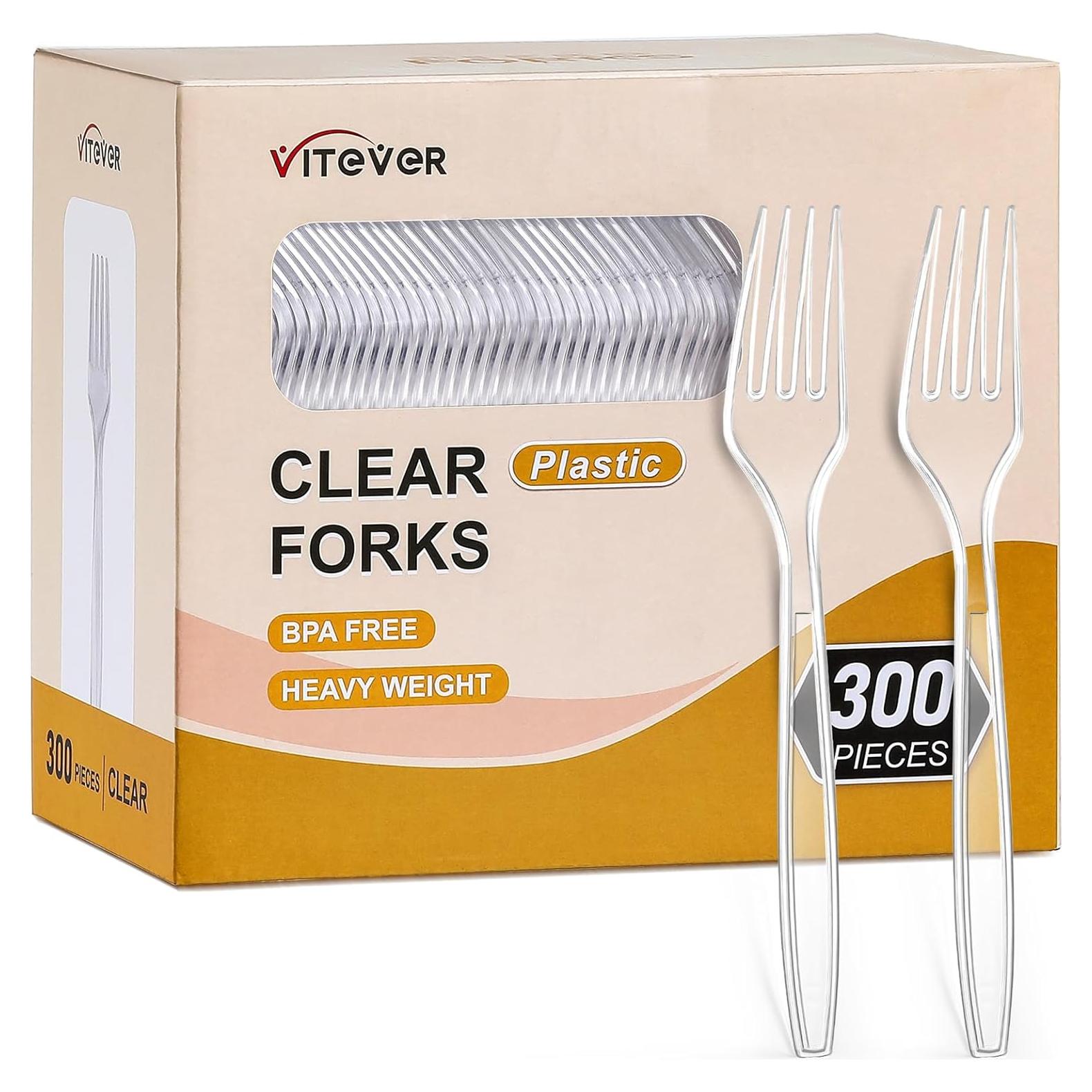 Tenedores de Plástico Pesado VITEVER Transparentes 300 Unidades