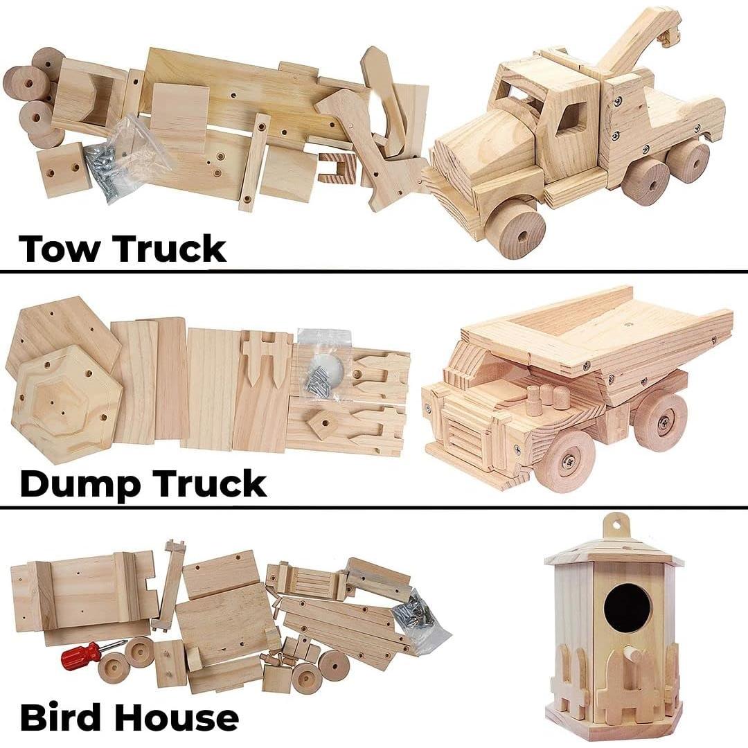 Kraftic Woodworking Building Kit for Kids and Adults, with 3 Educational DIY Carpentry Construction Wood Model Kit Toy Projects for Boys and Girls - Tow Truck, Birdhouse and Dump Truck