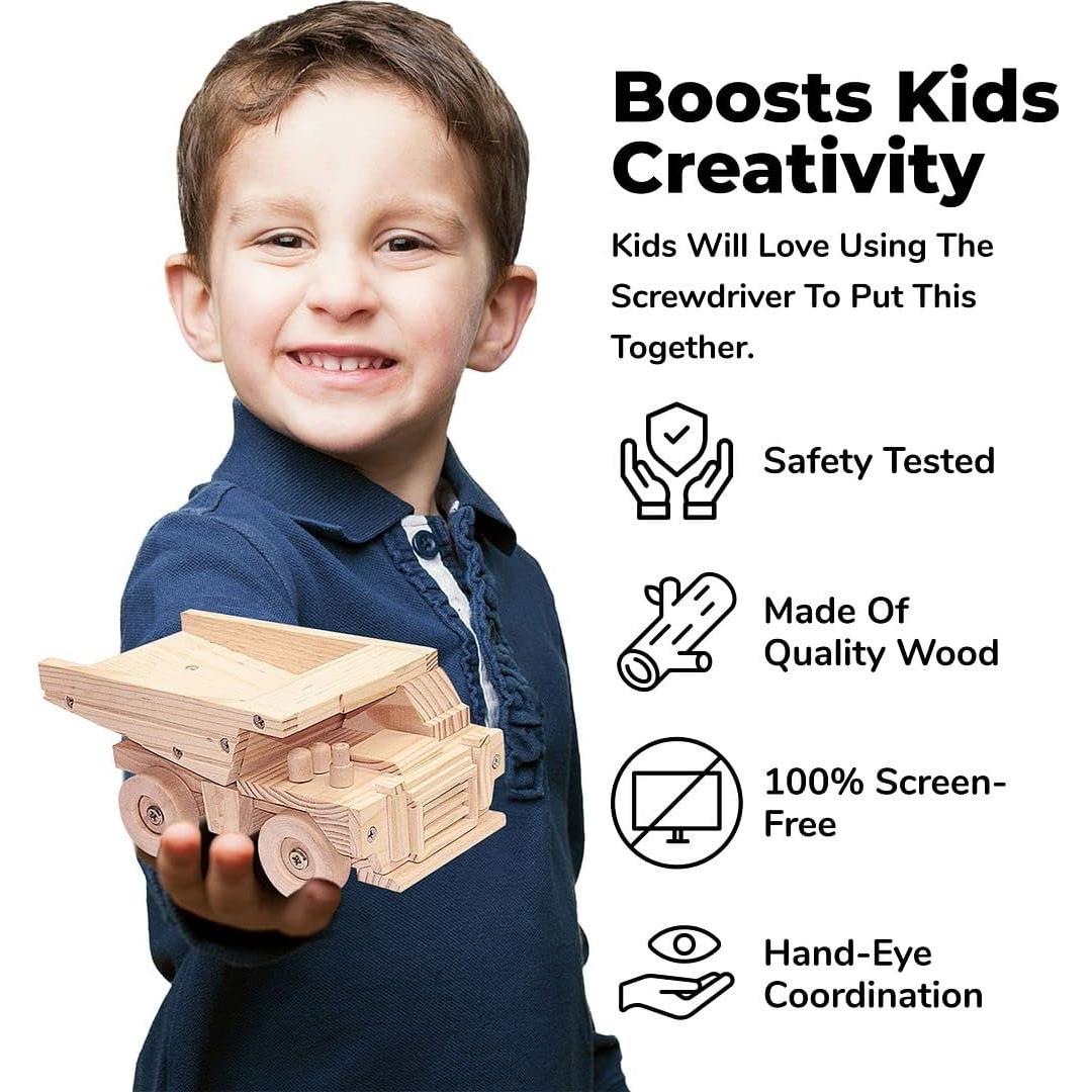 Kraftic Woodworking Building Kit for Kids and Adults, with 3 Educational DIY Carpentry Construction Wood Model Kit Toy Projects for Boys and Girls - Tow Truck, Birdhouse and Dump Truck