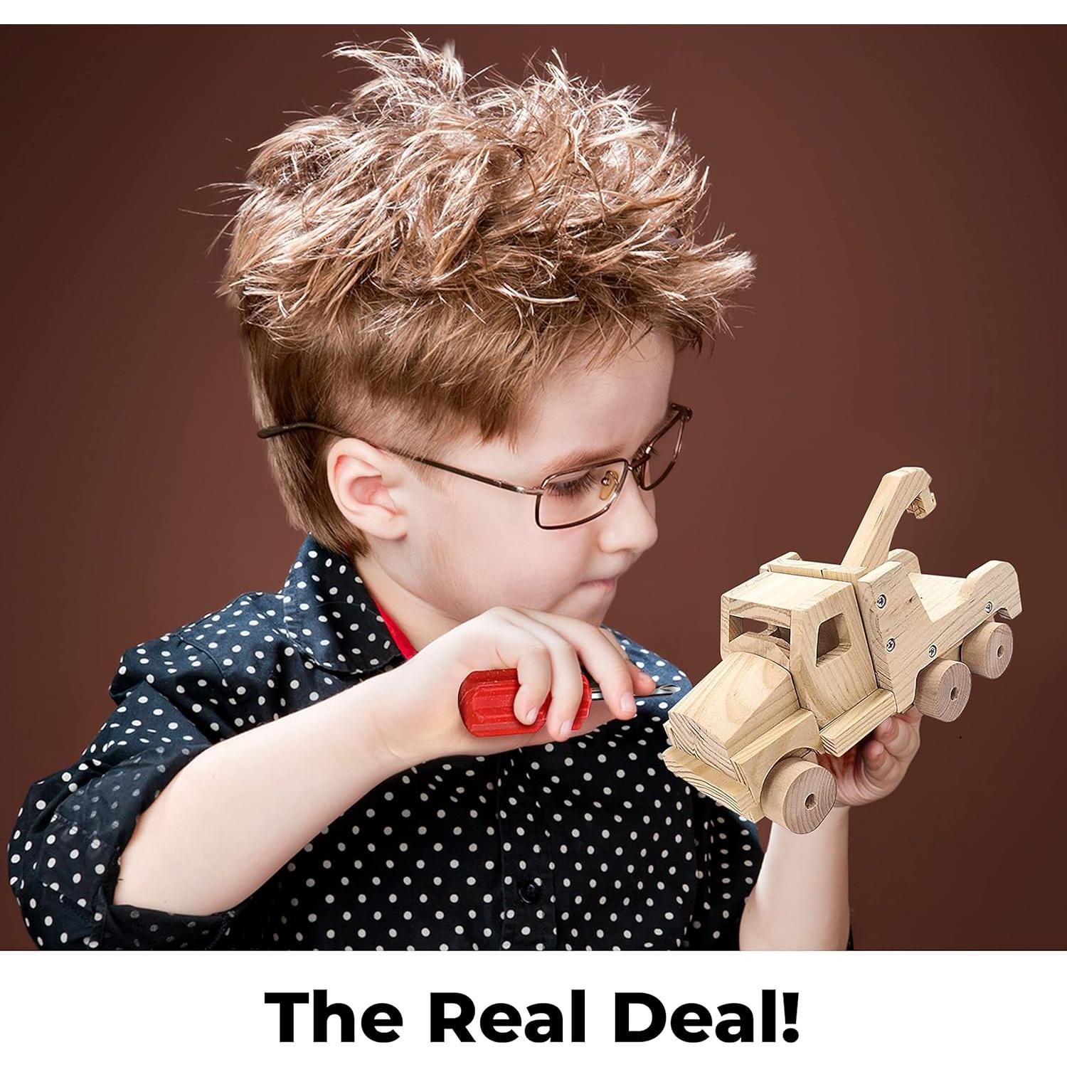 Kraftic Woodworking Building Kit for Kids and Adults, with 3 Educational DIY Carpentry Construction Wood Model Kit Toy Projects for Boys and Girls - Tow Truck, Birdhouse and Dump Truck