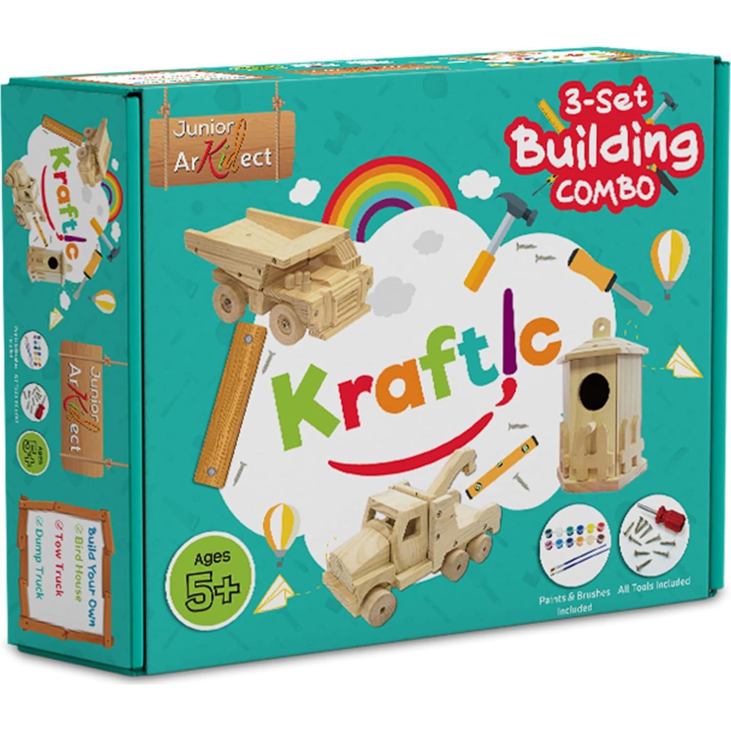 Kraftic Woodworking Building Kit for Kids and Adults, with 3 Educational DIY Carpentry Construction Wood Model Kit Toy Projects for Boys and Girls - Tow Truck, Birdhouse and Dump Truck