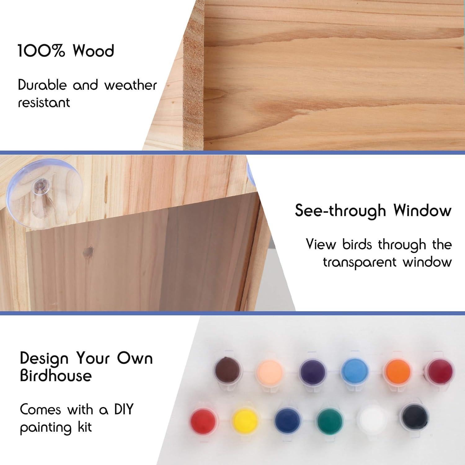 Casa de Aves de Ventana 100% Madera con Kit de Pintura