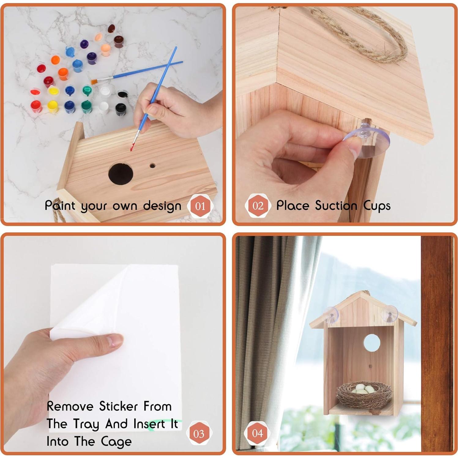 Casa de Aves de Ventana 100% Madera con Kit de Pintura