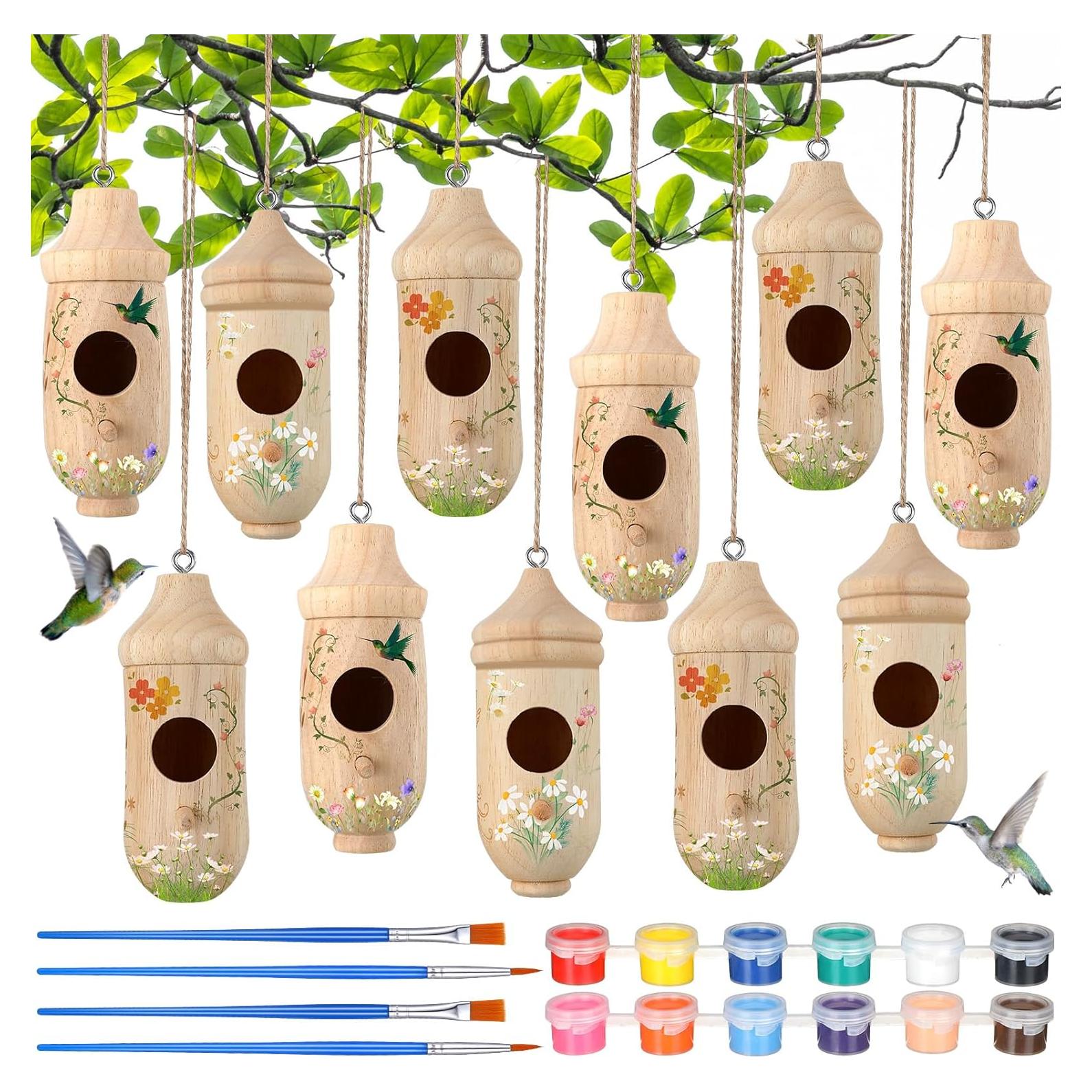 Kit de 12 casas para colibríes Briwooody con pinturas y pinceles