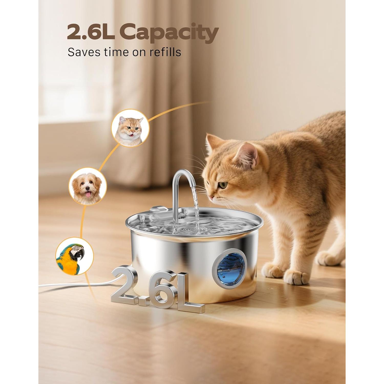 Fuente de Agua para Gatos ATMZIQXR 2.6L Acero Inoxidable Silenciosa