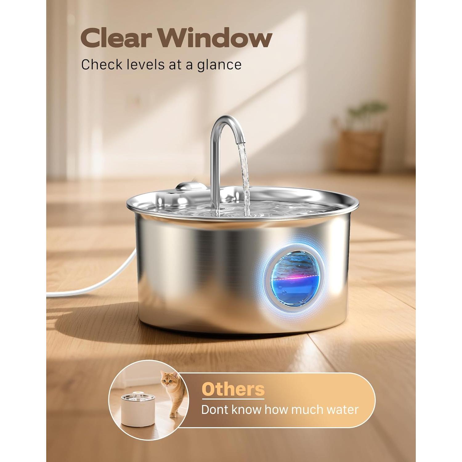 Fuente de Agua para Gatos ATMZIQXR 2.6L Acero Inoxidable Silenciosa
