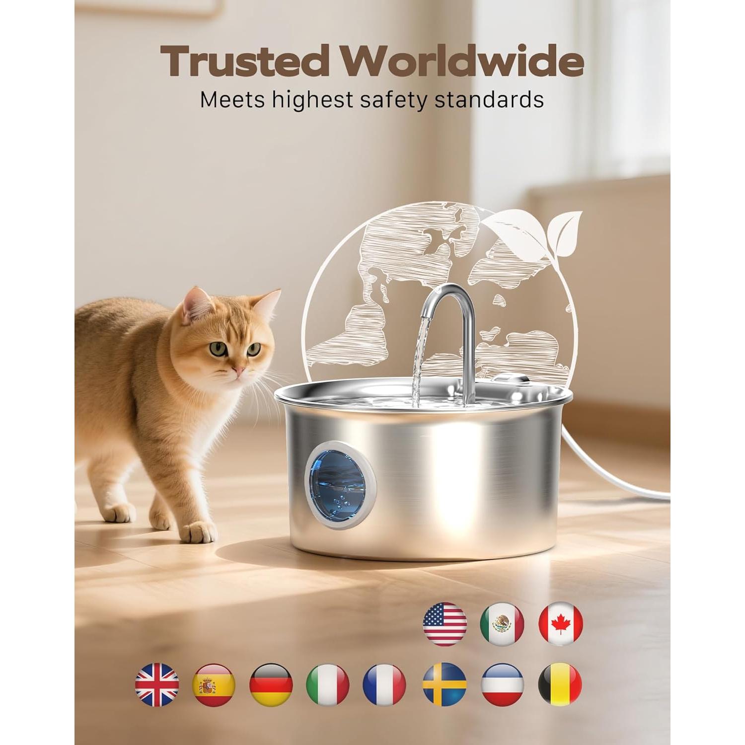 Fuente de Agua para Gatos ATMZIQXR 2.6L Acero Inoxidable Silenciosa