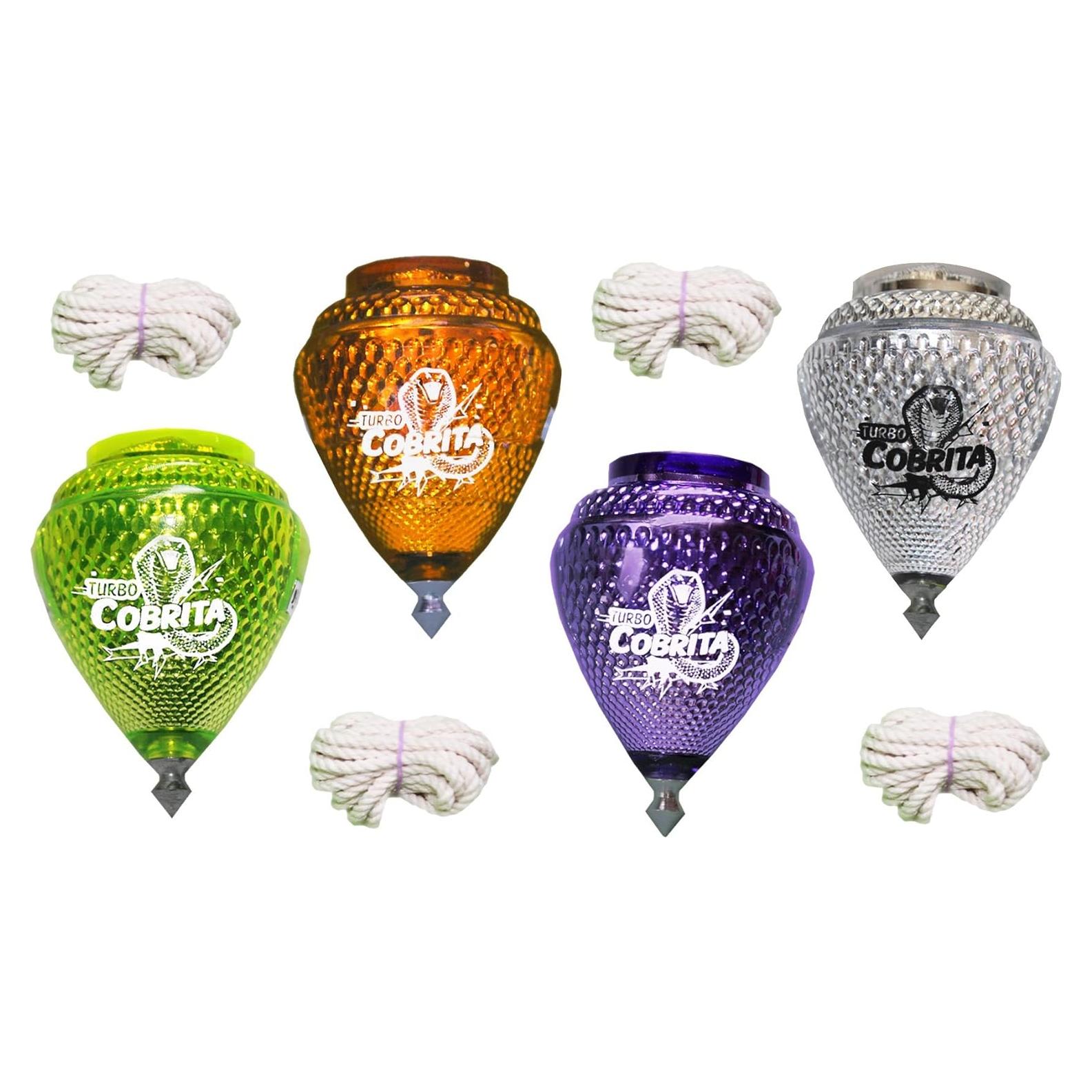 Paquete de 4 Trompos Mini Cobra Cometa - Plástico Durable y Punta de Metal