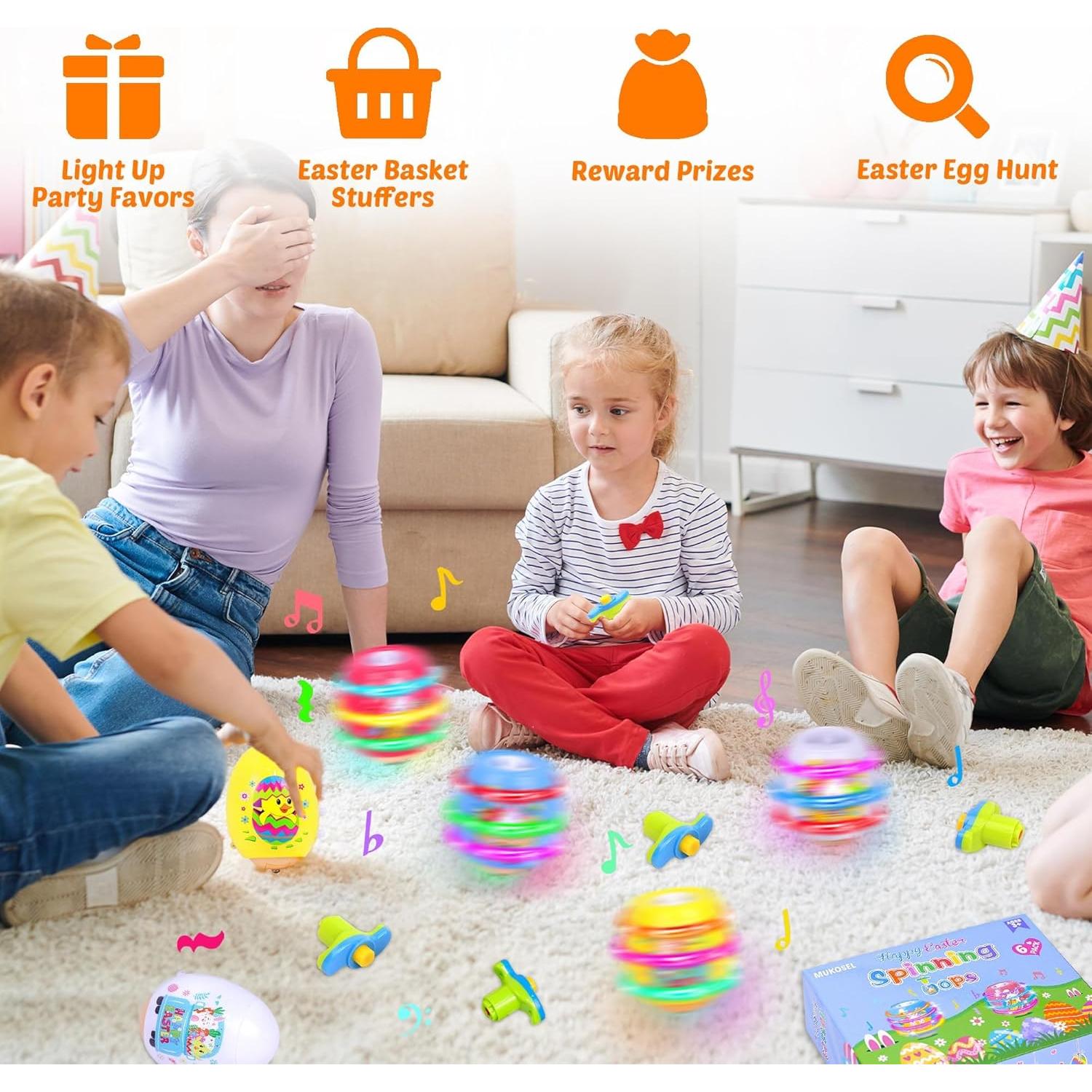 6 Trompos de Huevo de Pascua MUKOSEL con Música y Luces