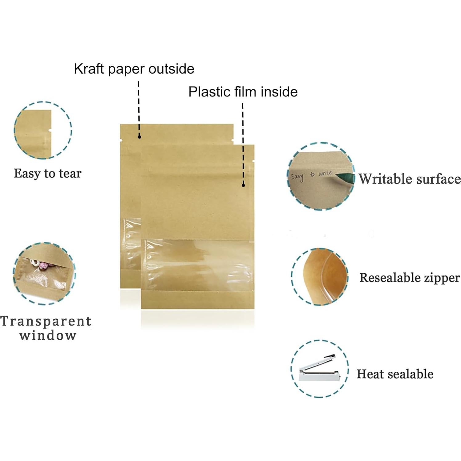 Paquete de 100 Bolsas de Papel Kraft PABCK 6x6cm Reutilizables