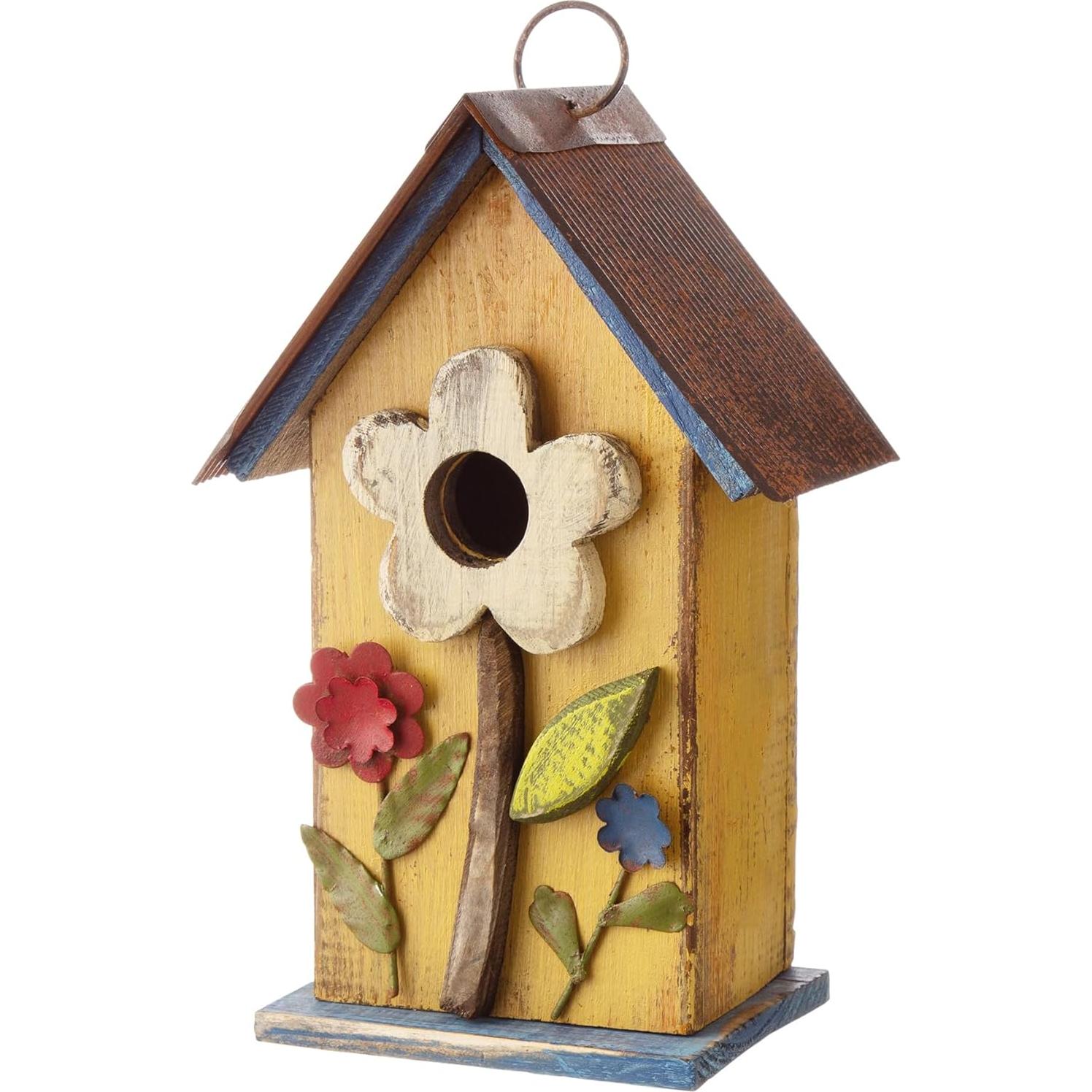 Casa de Pájaros Colgante Glitzhome 26 cm Madera Deteriorada Amarilla