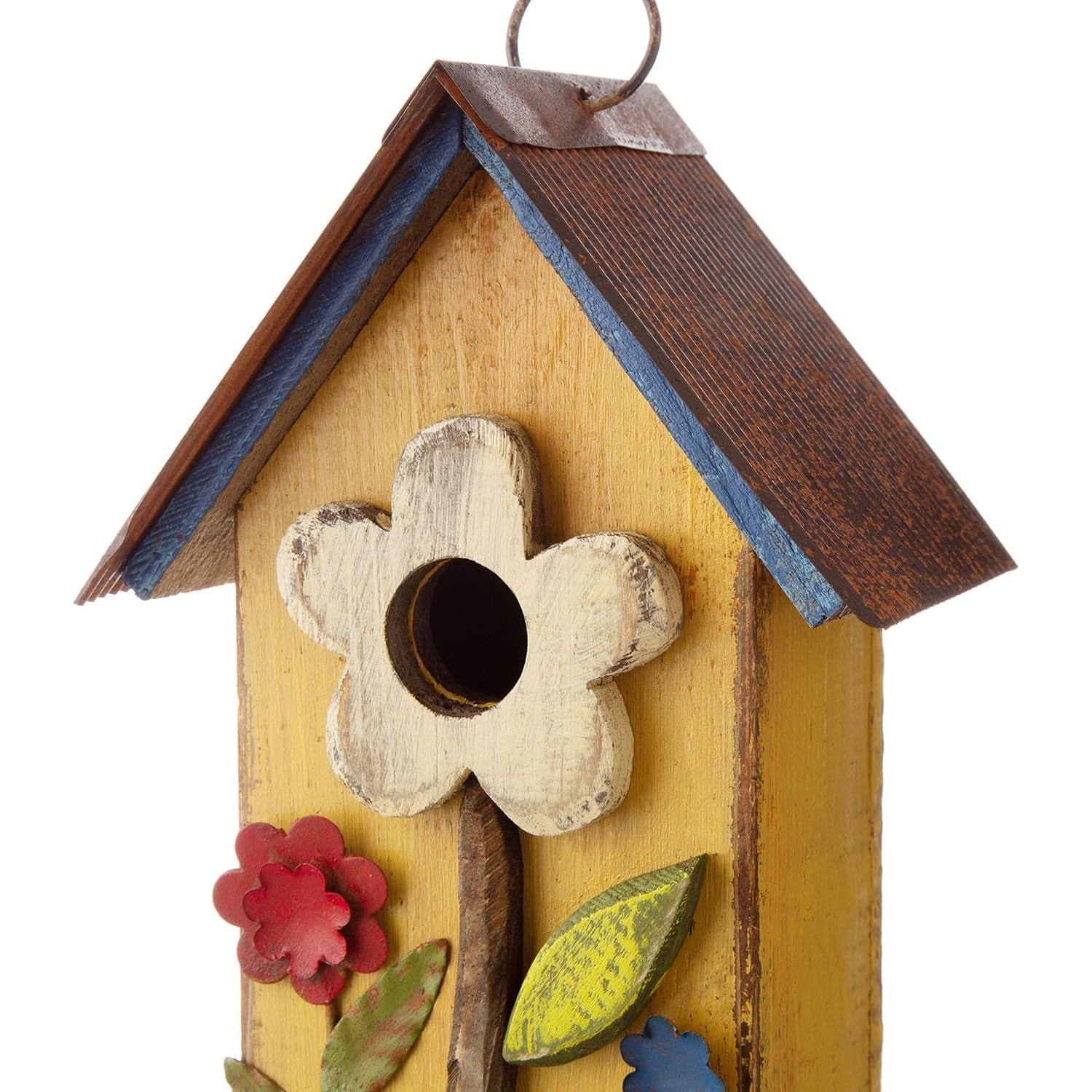 Casa de Pájaros Colgante Glitzhome 26 cm Madera Deteriorada Amarilla