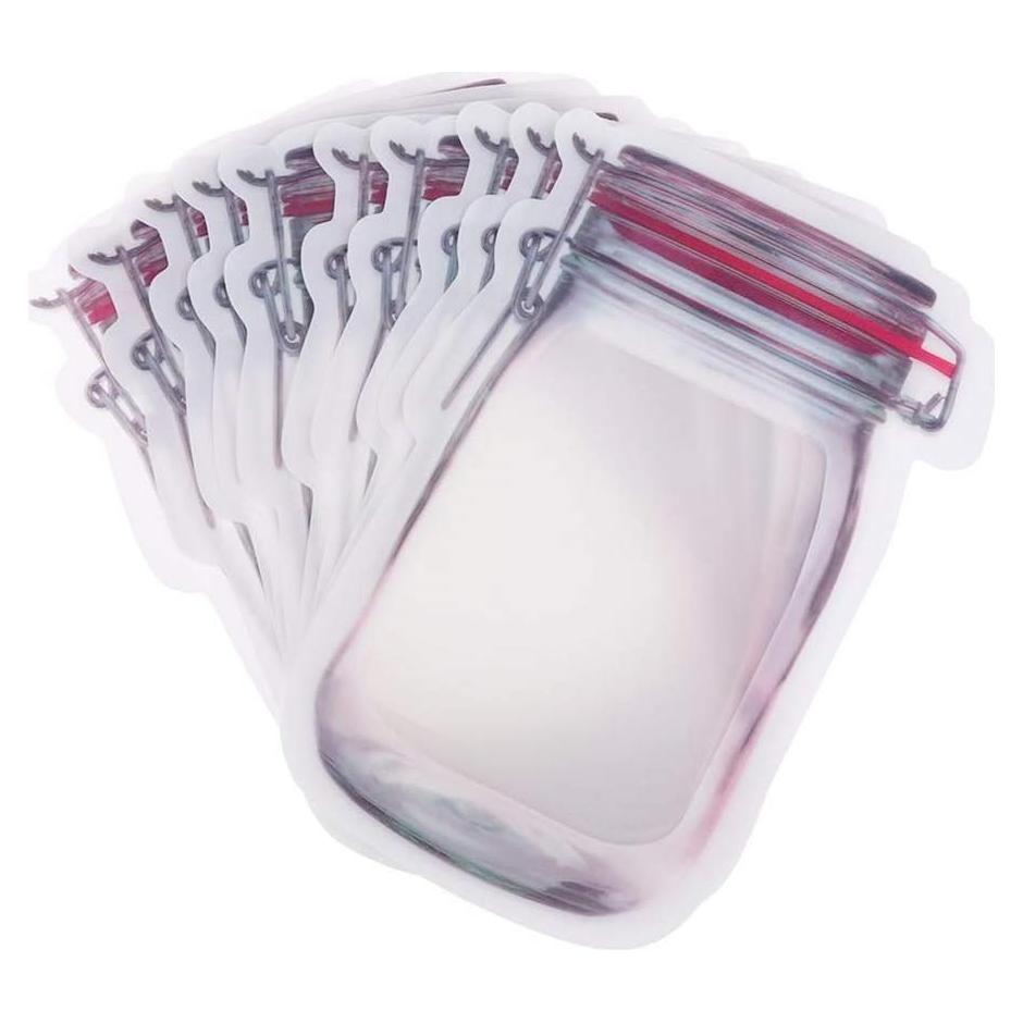 50Pcs Mason Jar Pattern Food Storage Bag Reusable Portable Stand Up Smell Proof Ziplock Bags Snack Saver Container Retail Package Bag Frosted Pouches Red 7.6×5.4in (19.5×13.7cm)