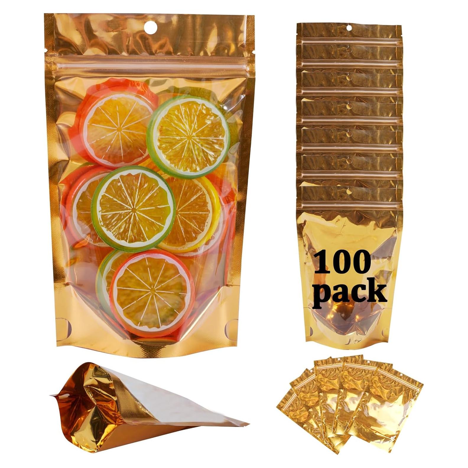 100 Bolsas Mylar Reutilizables Funnyleaf 10x18 cm Doradas