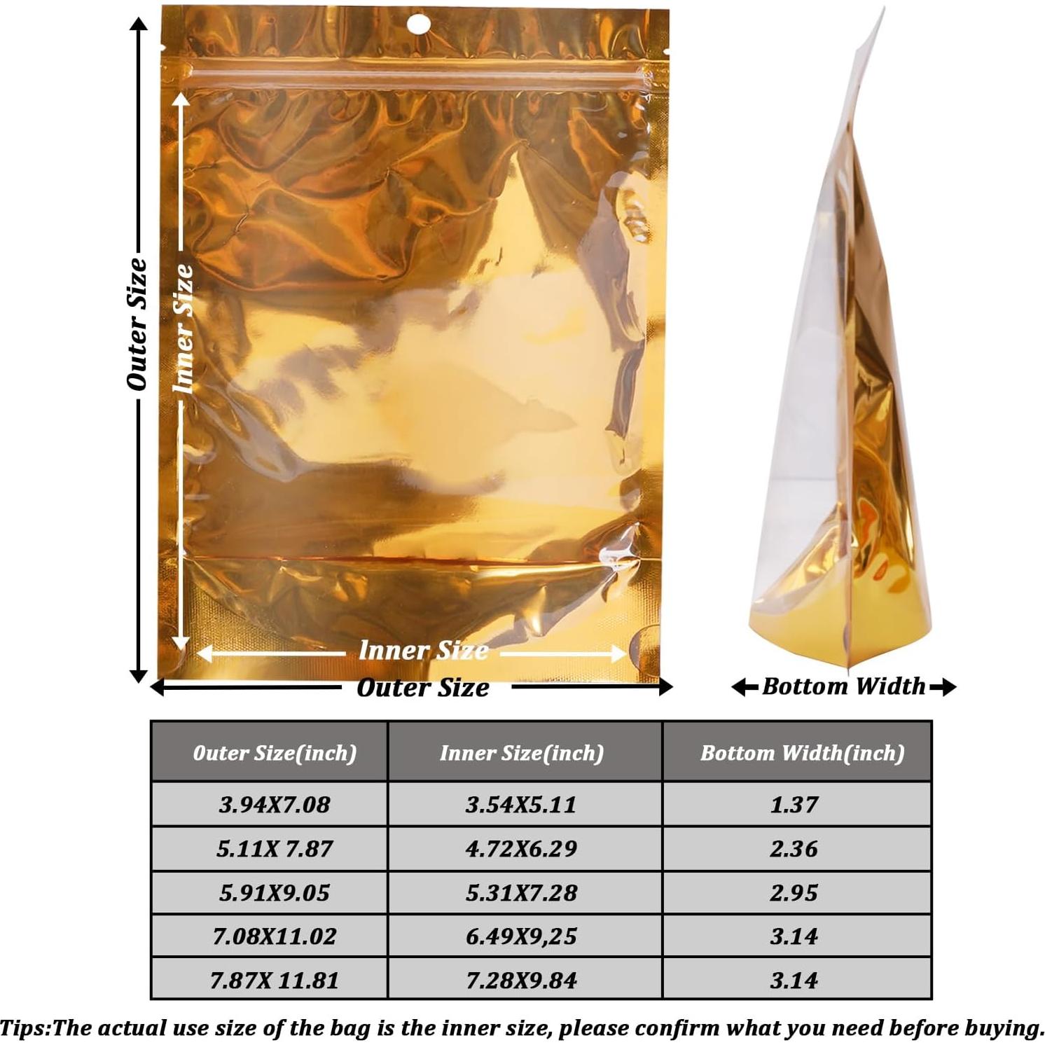 100 Bolsas Mylar Reutilizables Funnyleaf 10x18 cm Doradas