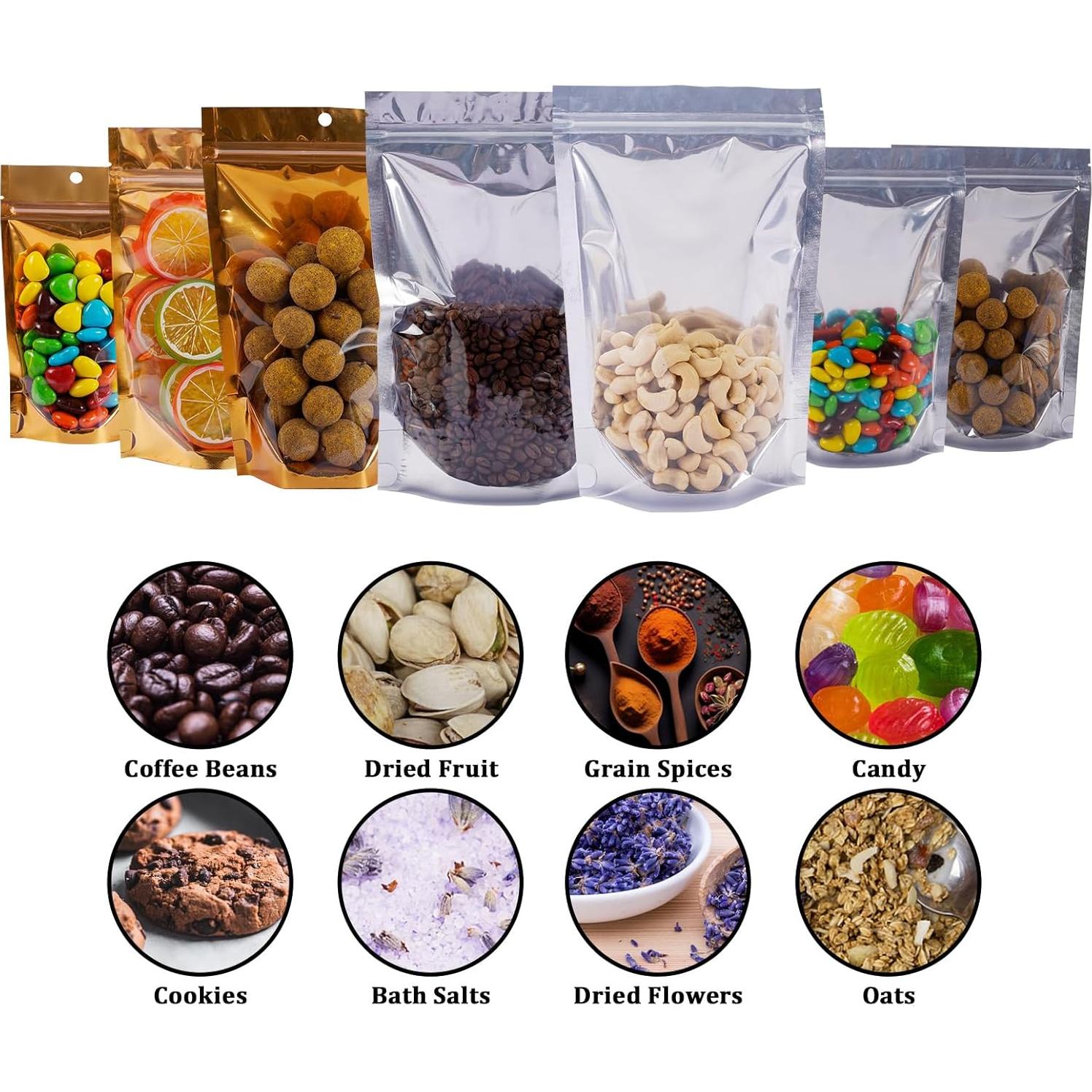 100 Bolsas Mylar Reutilizables Funnyleaf 10x18 cm Doradas