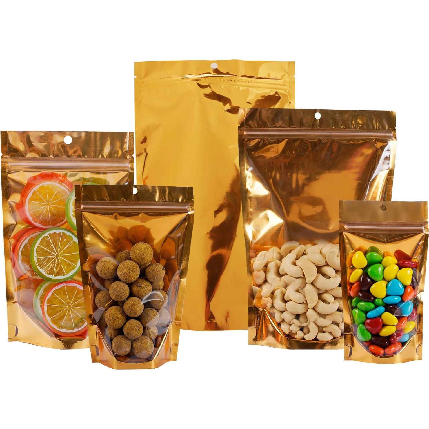 100 Bolsas Mylar Reutilizables Funnyleaf 10x18 cm Doradas