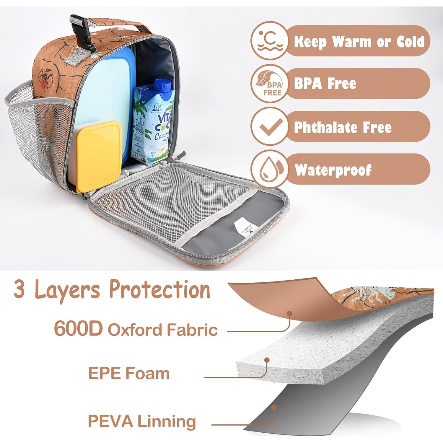 Bolsa de Almuerzo Aislada CaCTOUR Dino Marrón 20.1x9.9x24.1 cm