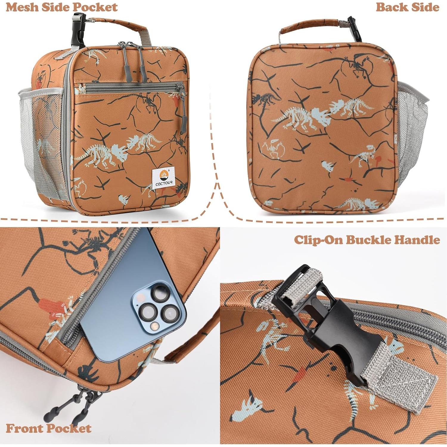 Bolsa de Almuerzo Aislada CaCTOUR Dino Marrón 20.1x9.9x24.1 cm