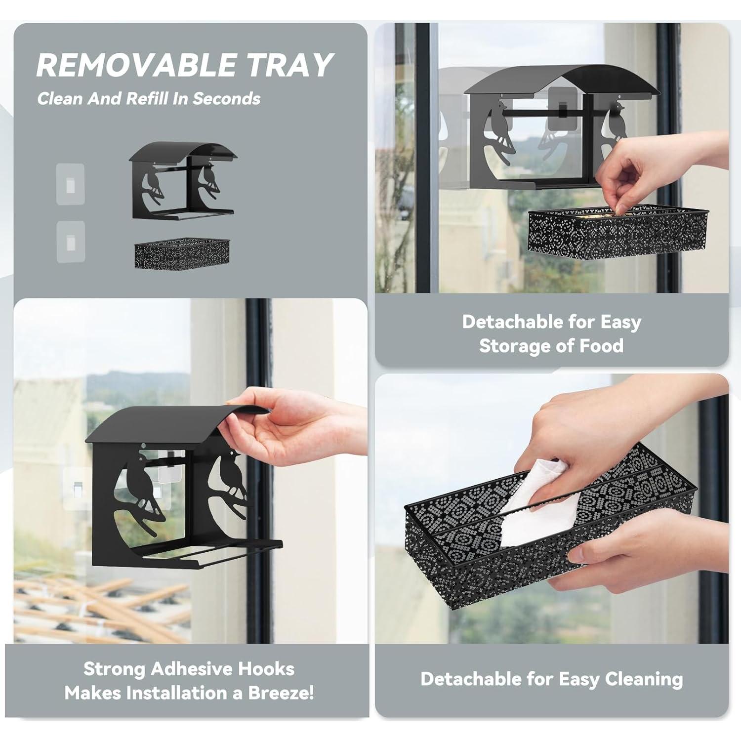 Comedero para Aves de Ventana Tonitrui Metal Negro 2Pack 4 Tazas