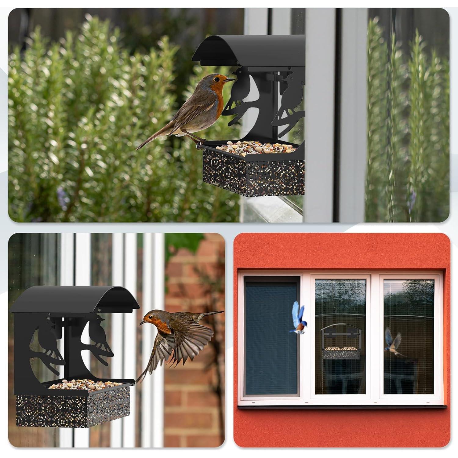 Comedero para Aves de Ventana Tonitrui Metal Negro 2Pack 4 Tazas