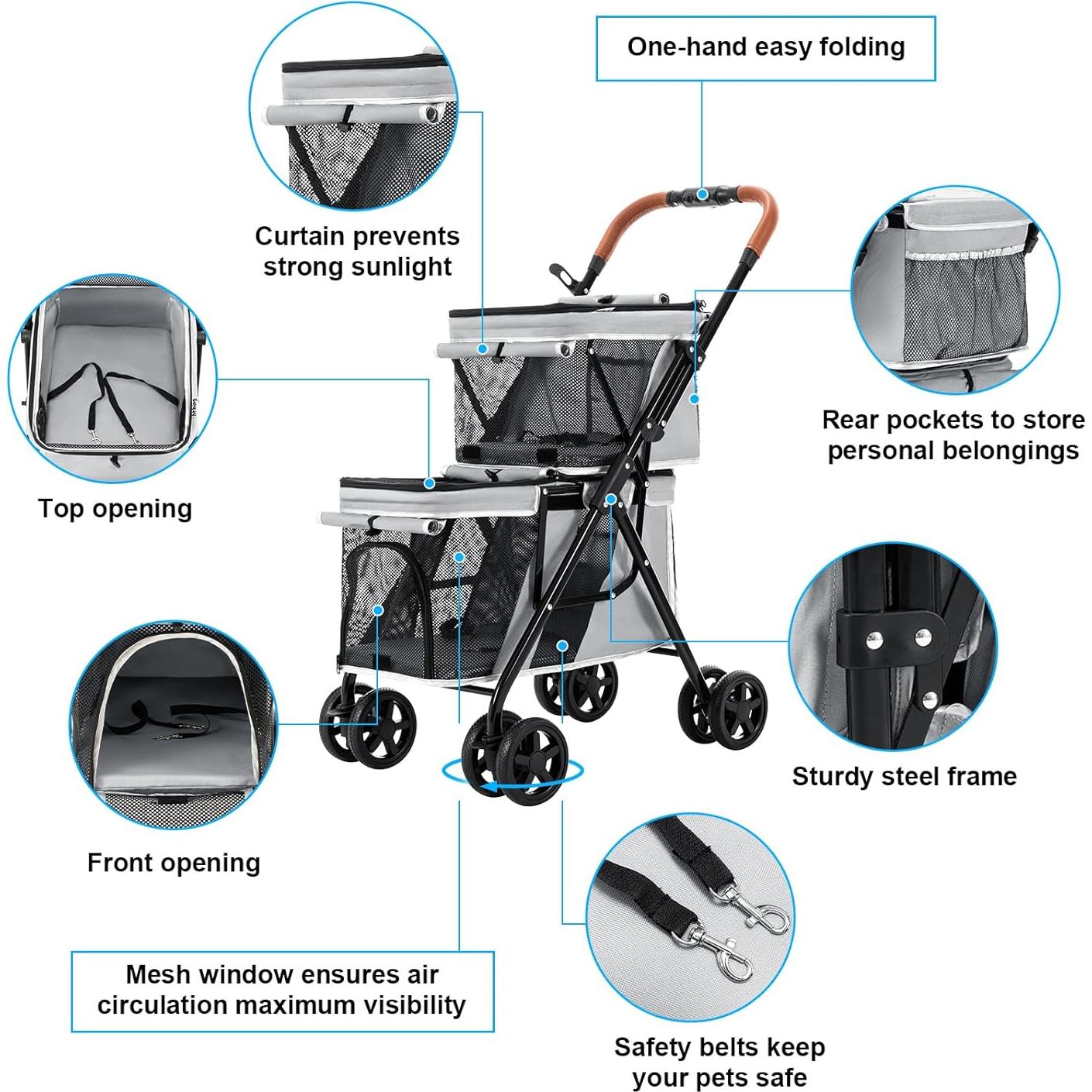 Carrito Doble para Mascotas LPOTIUS Gris Plegable 20 kg