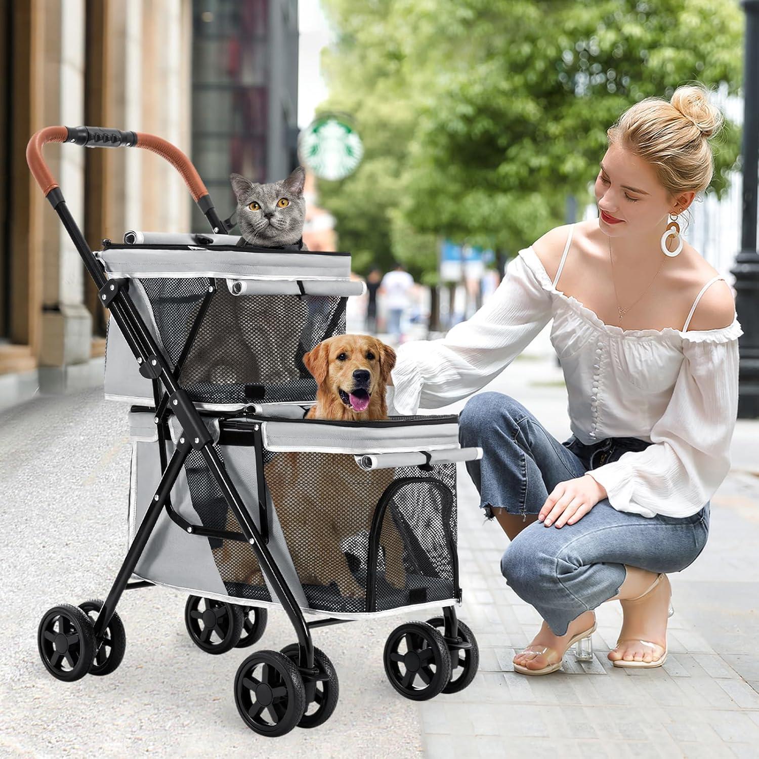 Carrito Doble para Mascotas LPOTIUS Gris Plegable 20 kg