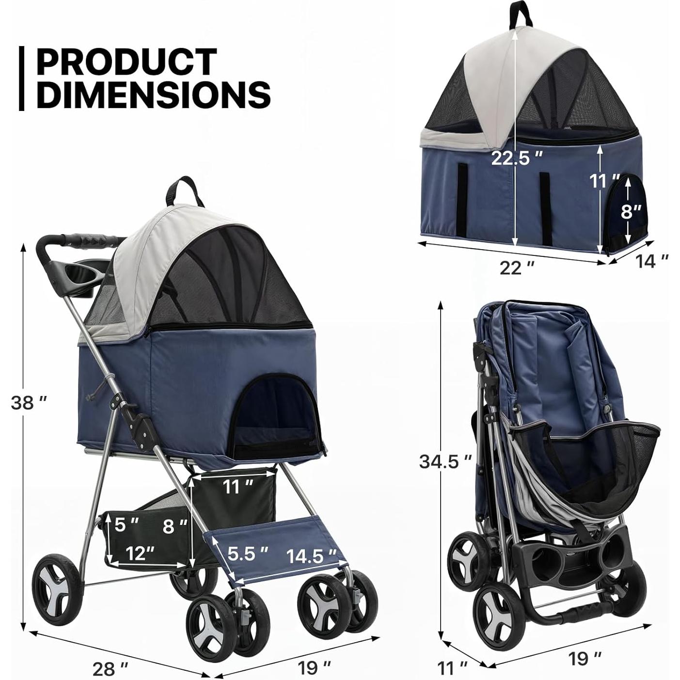 Carrito Plegable para Mascotas MoNiBloom 3 en 1 Azul Marino