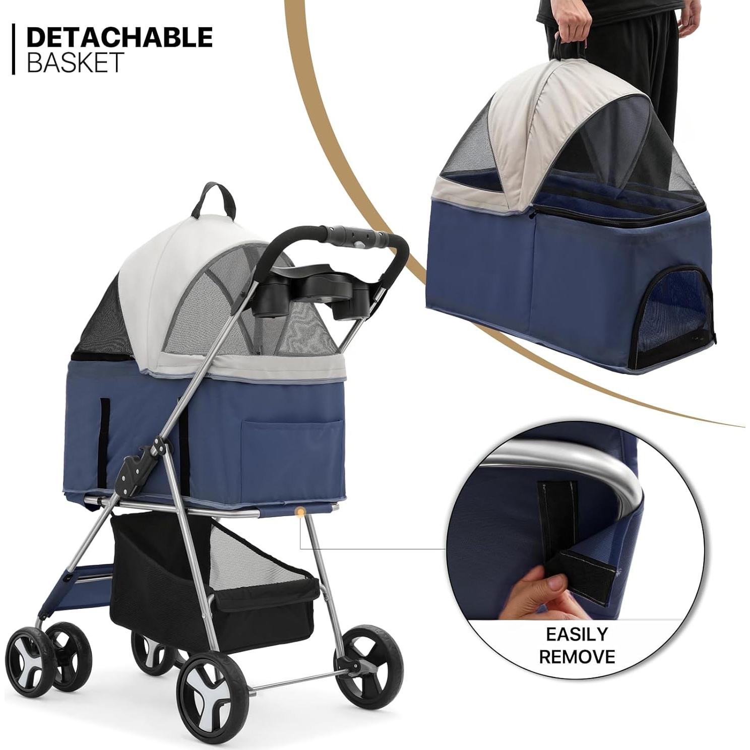 Carrito Plegable para Mascotas MoNiBloom 3 en 1 Azul Marino