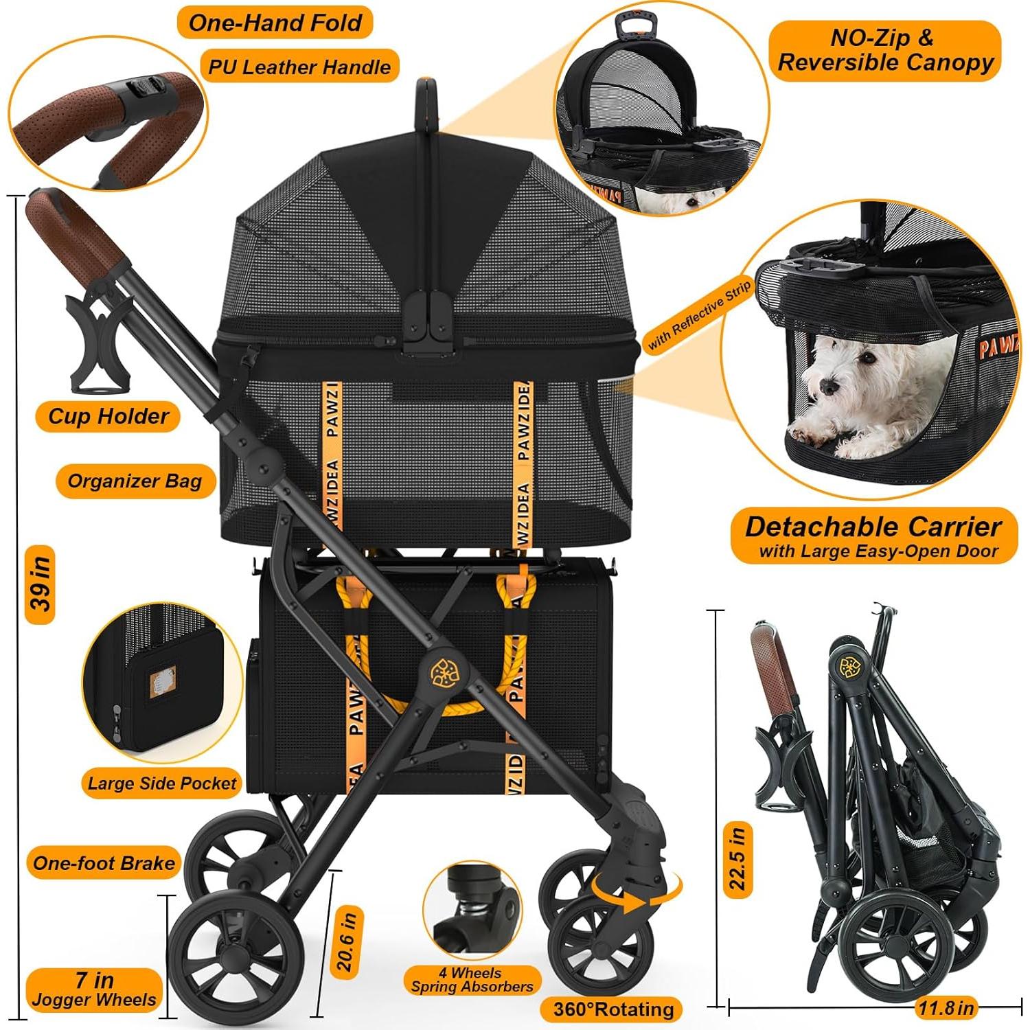 Carrito de Mascotas Doble PAWZIDEA 4 en 1 para 2 Perros o Gatos