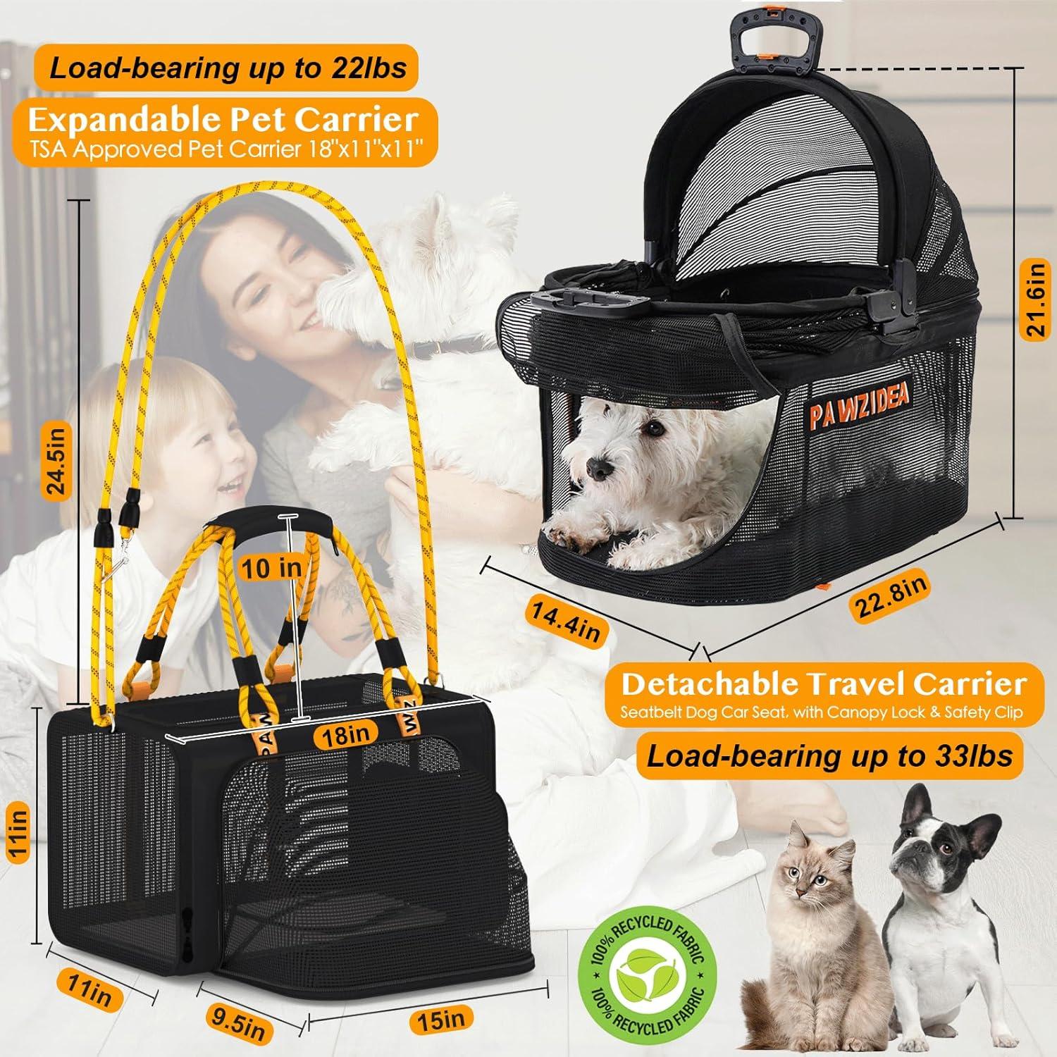 Carrito de Mascotas Doble PAWZIDEA 4 en 1 para 2 Perros o Gatos